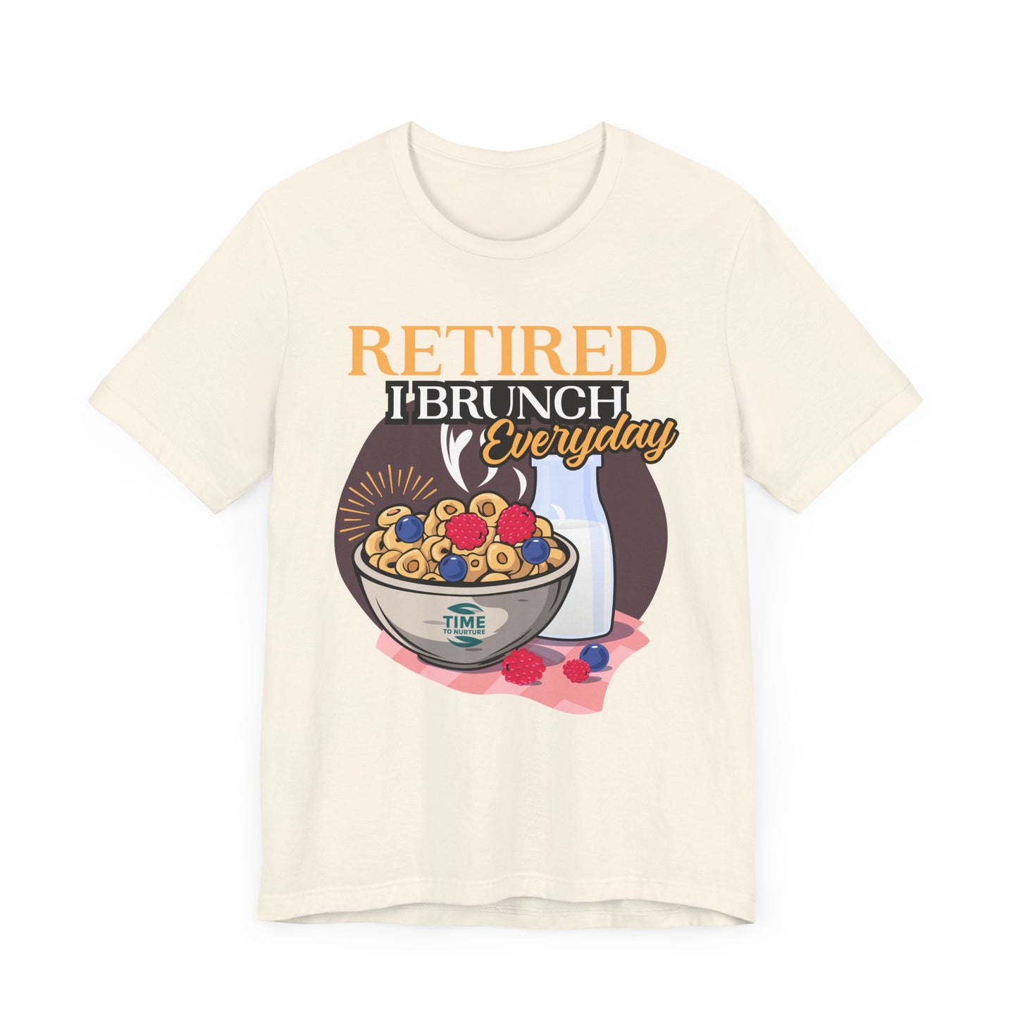 Retired I Brunch Everyday unisex graphic t-shirt, a casual and comfortable top perfect for relaxed outings, retirement celebrations, and brunch lovers, making a fun gift for foodies and leisure enthusiasts.