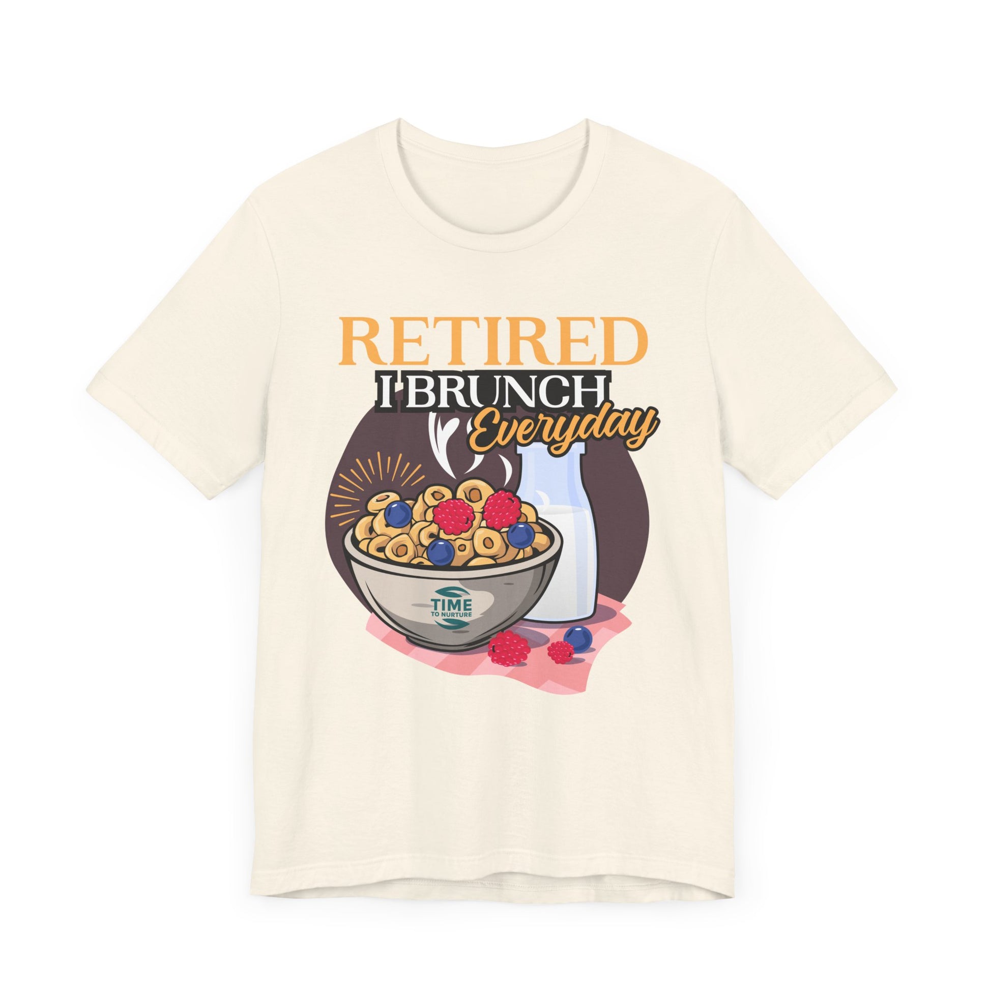 Retired I Brunch Everyday unisex graphic t-shirt, a casual and comfortable top perfect for relaxed outings, retirement celebrations, and brunch lovers, making a fun gift for foodies and leisure enthusiasts.