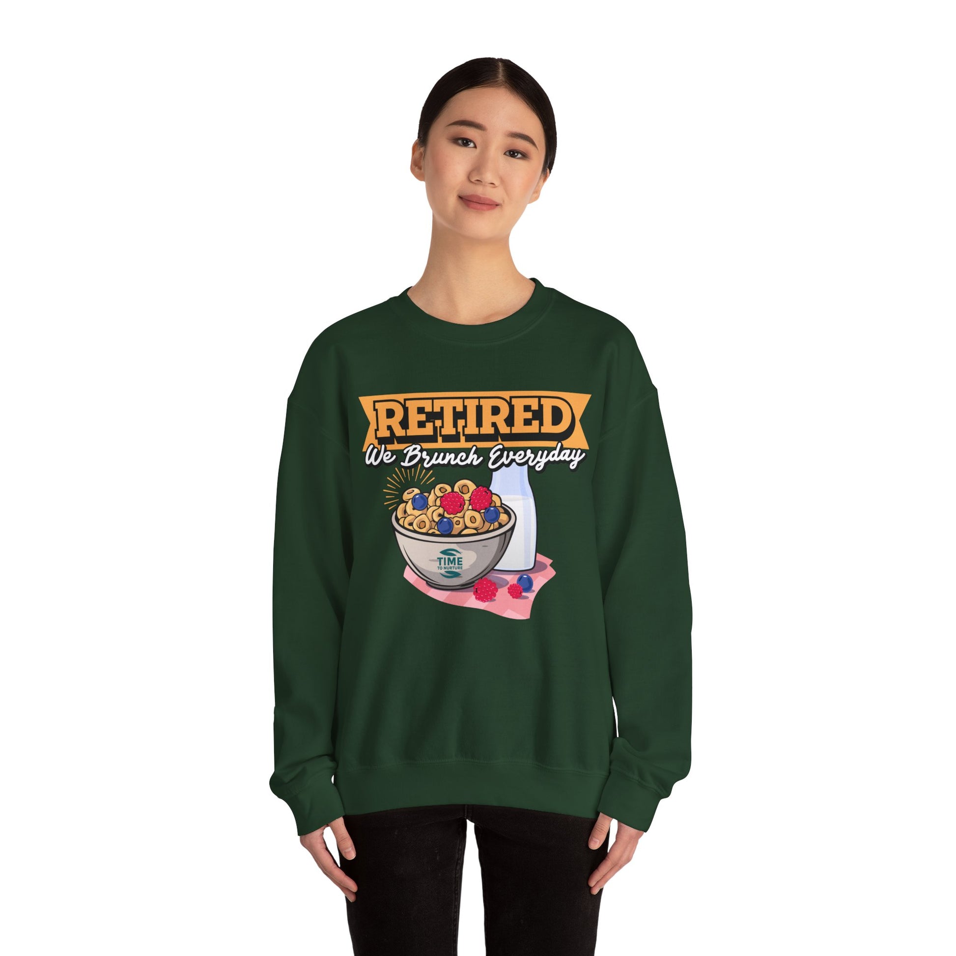 Retired: We Brunch Every Day unisex heavy blend crewneck sweatshirt, a comfortable and durable choice perfect for brunch lovers and relaxed retirement days.