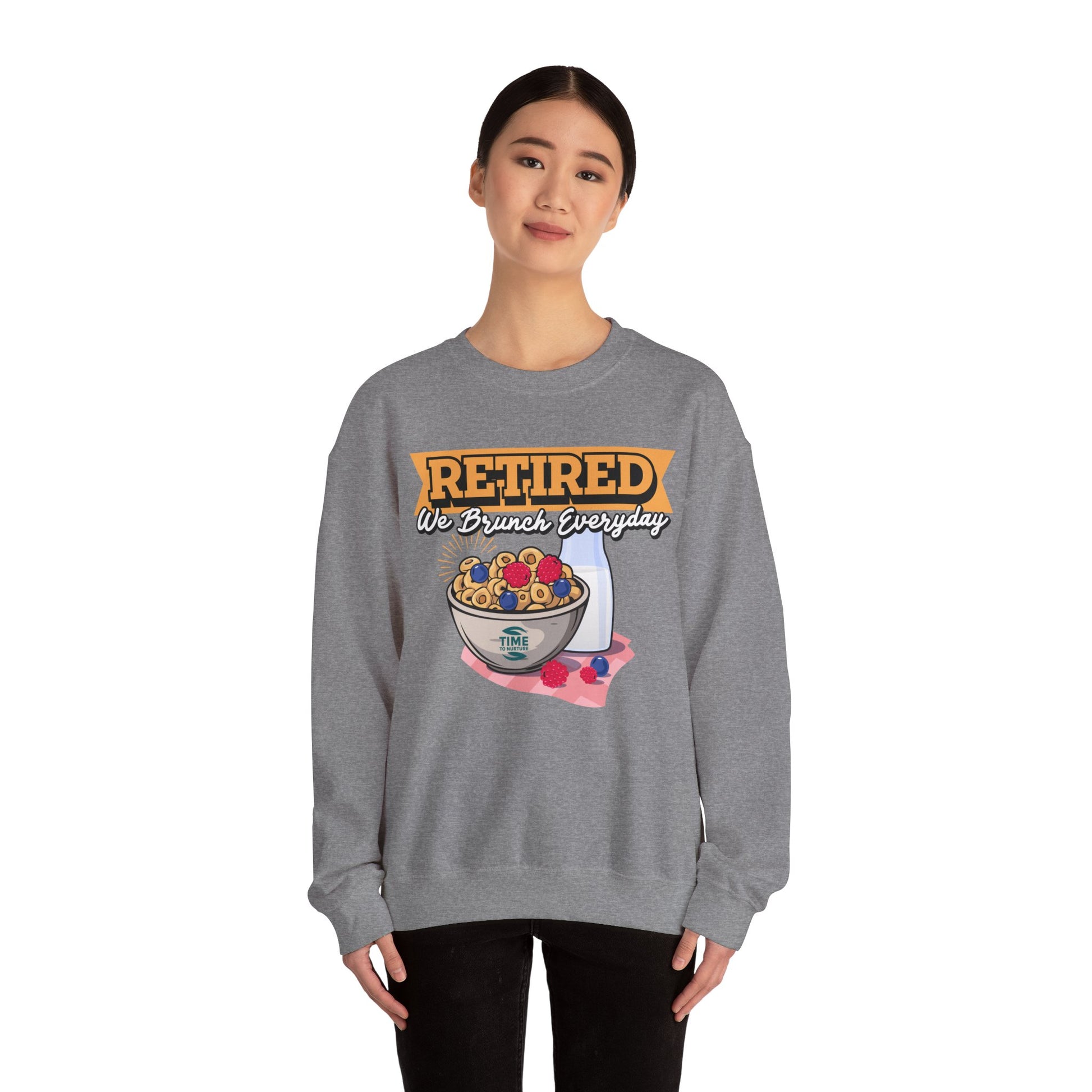 Retired: We Brunch Every Day unisex heavy blend crewneck sweatshirt, a comfortable and durable choice perfect for brunch lovers and relaxed retirement days.