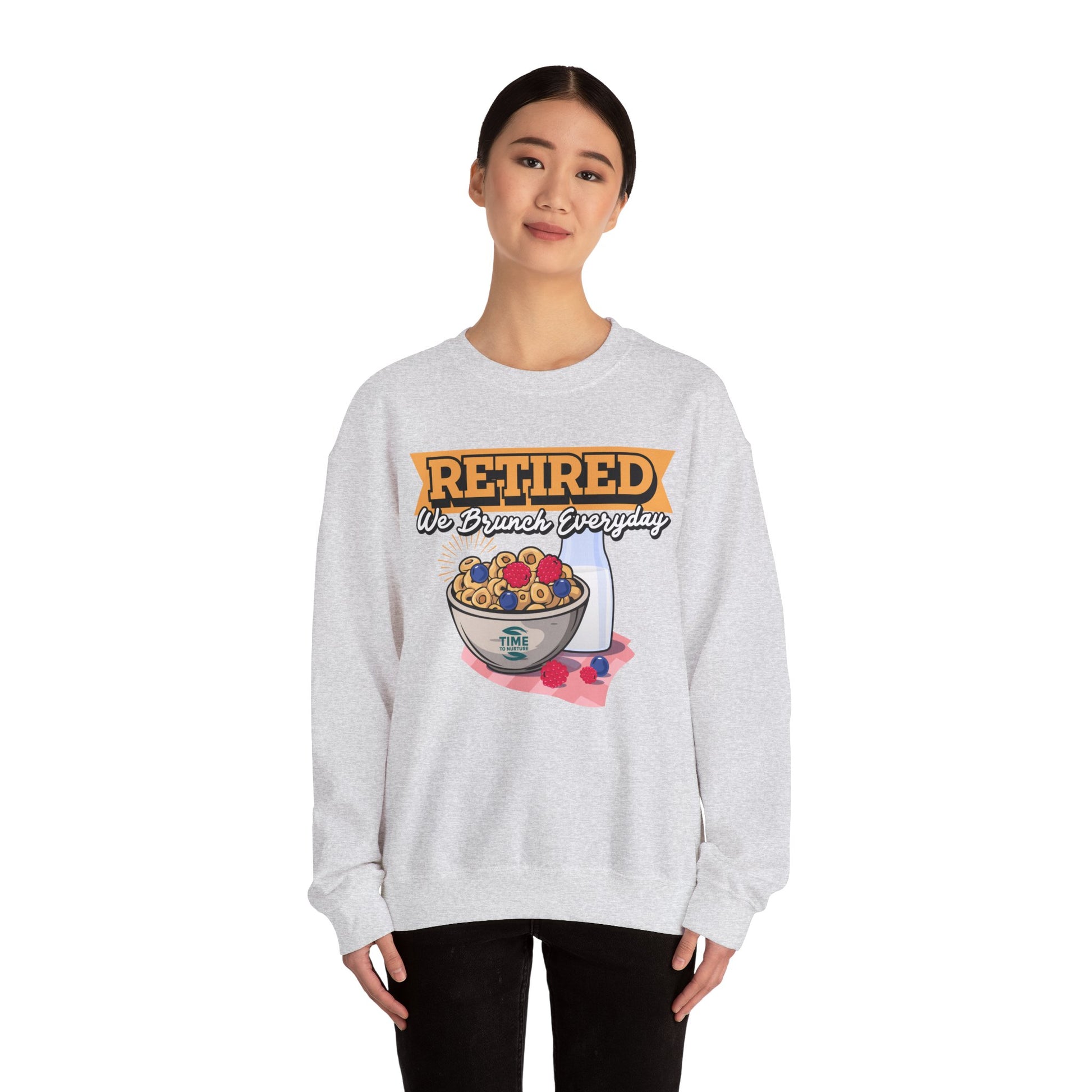 Retired: We Brunch Every Day unisex heavy blend crewneck sweatshirt, a comfortable and durable choice perfect for brunch lovers and relaxed retirement days.