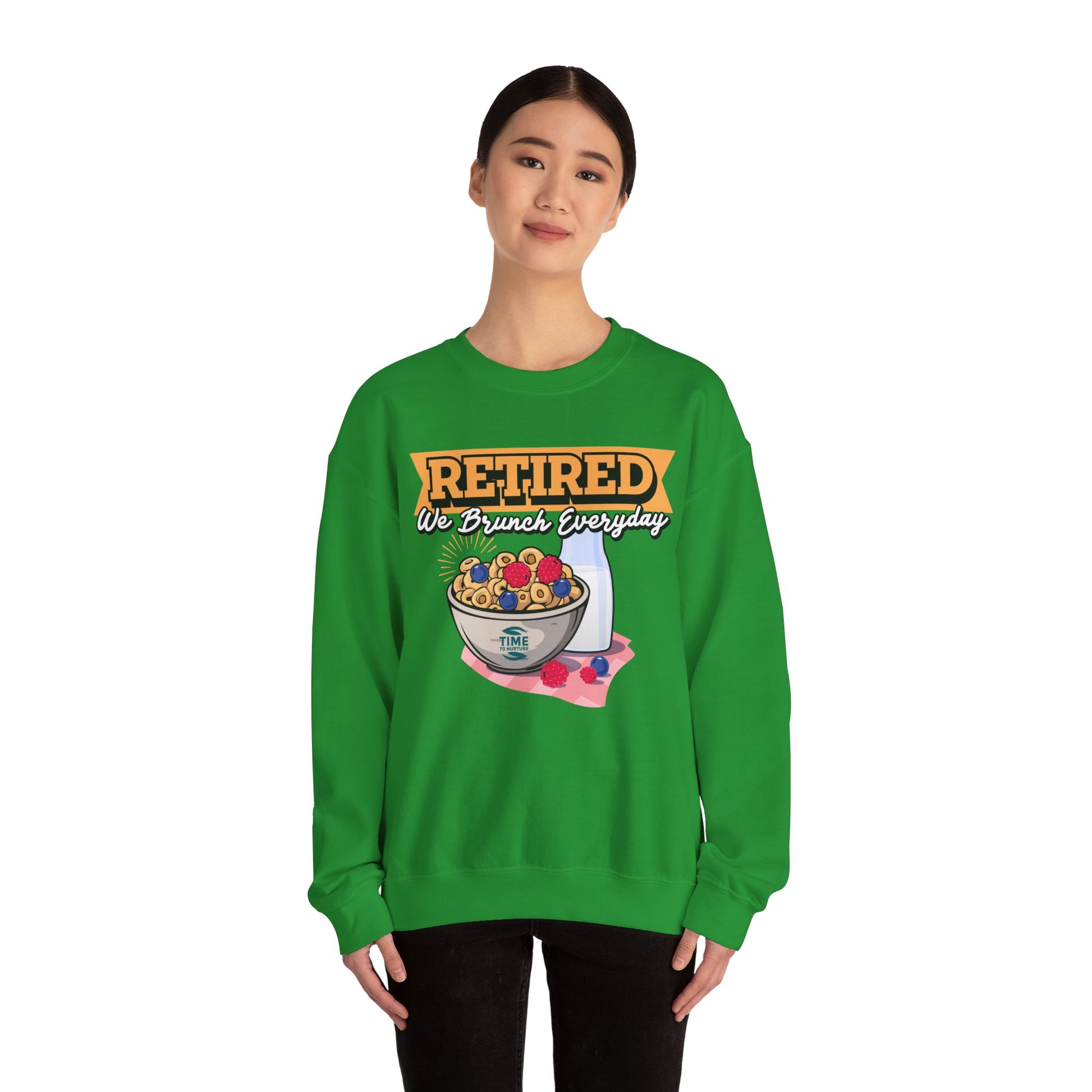 Retired: We Brunch Every Day unisex heavy blend crewneck sweatshirt, a comfortable and durable choice perfect for brunch lovers and relaxed retirement days.