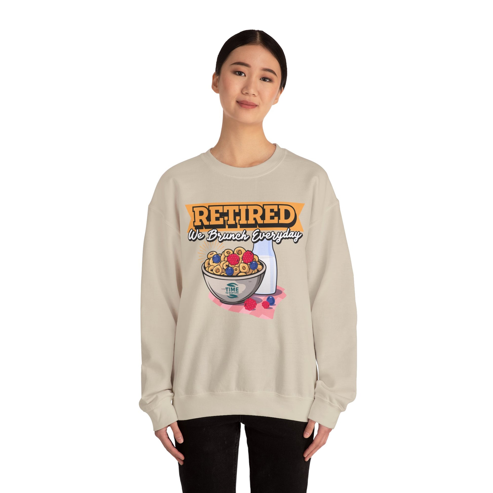 Retired: We Brunch Every Day unisex heavy blend crewneck sweatshirt, a comfortable and durable choice perfect for brunch lovers and relaxed retirement days.