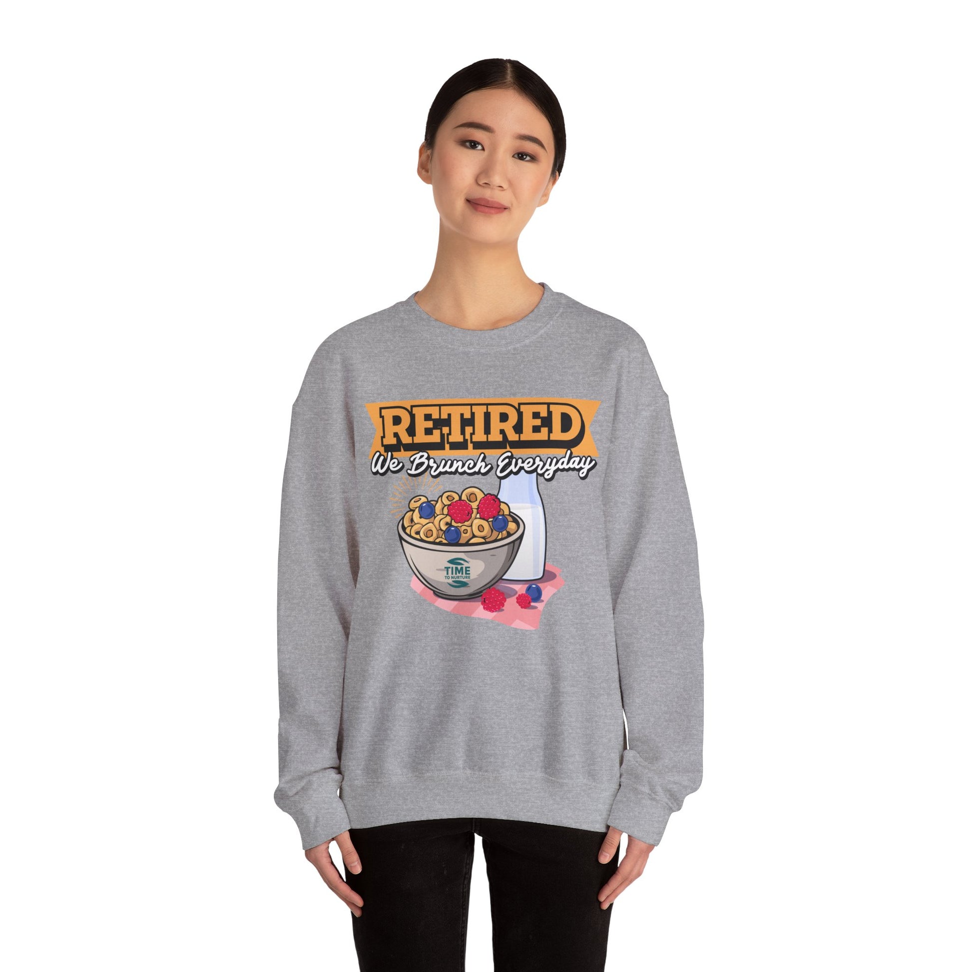 Retired: We Brunch Every Day unisex heavy blend crewneck sweatshirt, a comfortable and durable choice perfect for brunch lovers and relaxed retirement days.