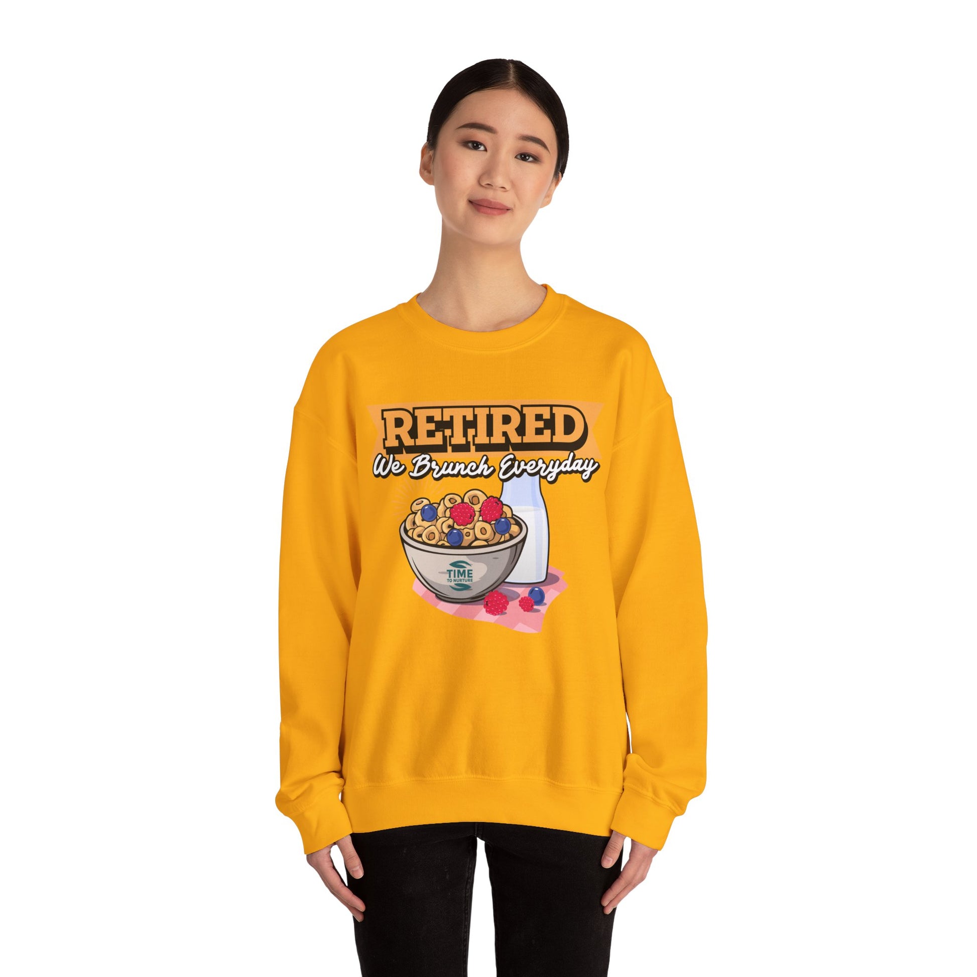 Retired: We Brunch Every Day unisex heavy blend crewneck sweatshirt, a comfortable and durable choice perfect for brunch lovers and relaxed retirement days.