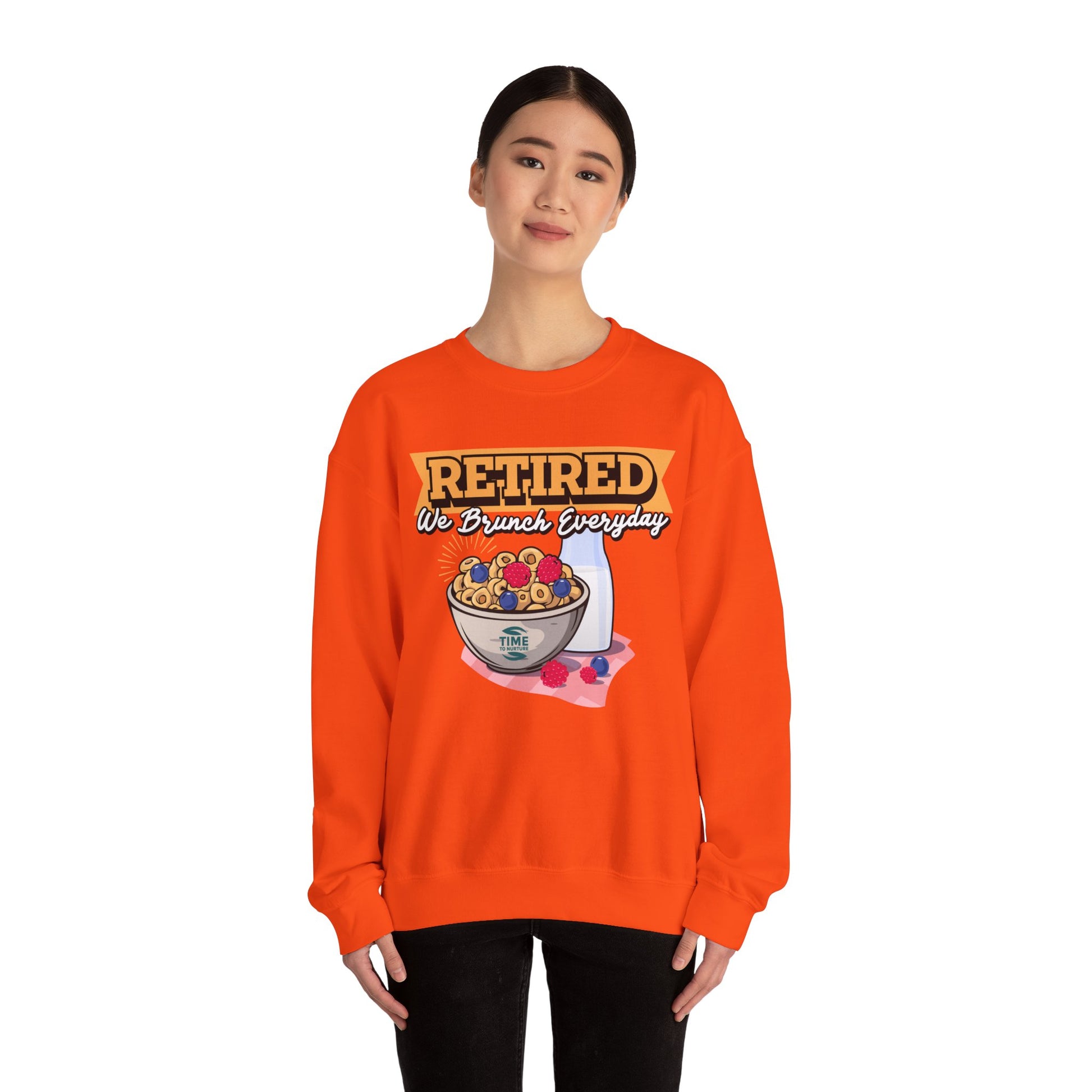 Retired: We Brunch Every Day unisex heavy blend crewneck sweatshirt, a comfortable and durable choice perfect for brunch lovers and relaxed retirement days.