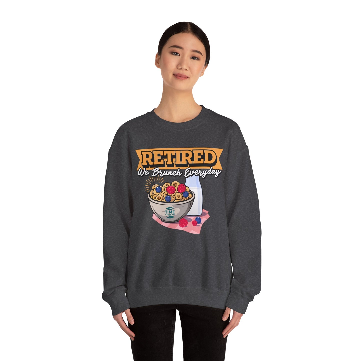 Retired: We Brunch Every Day unisex heavy blend crewneck sweatshirt, a comfortable and durable choice perfect for brunch lovers and relaxed retirement days.