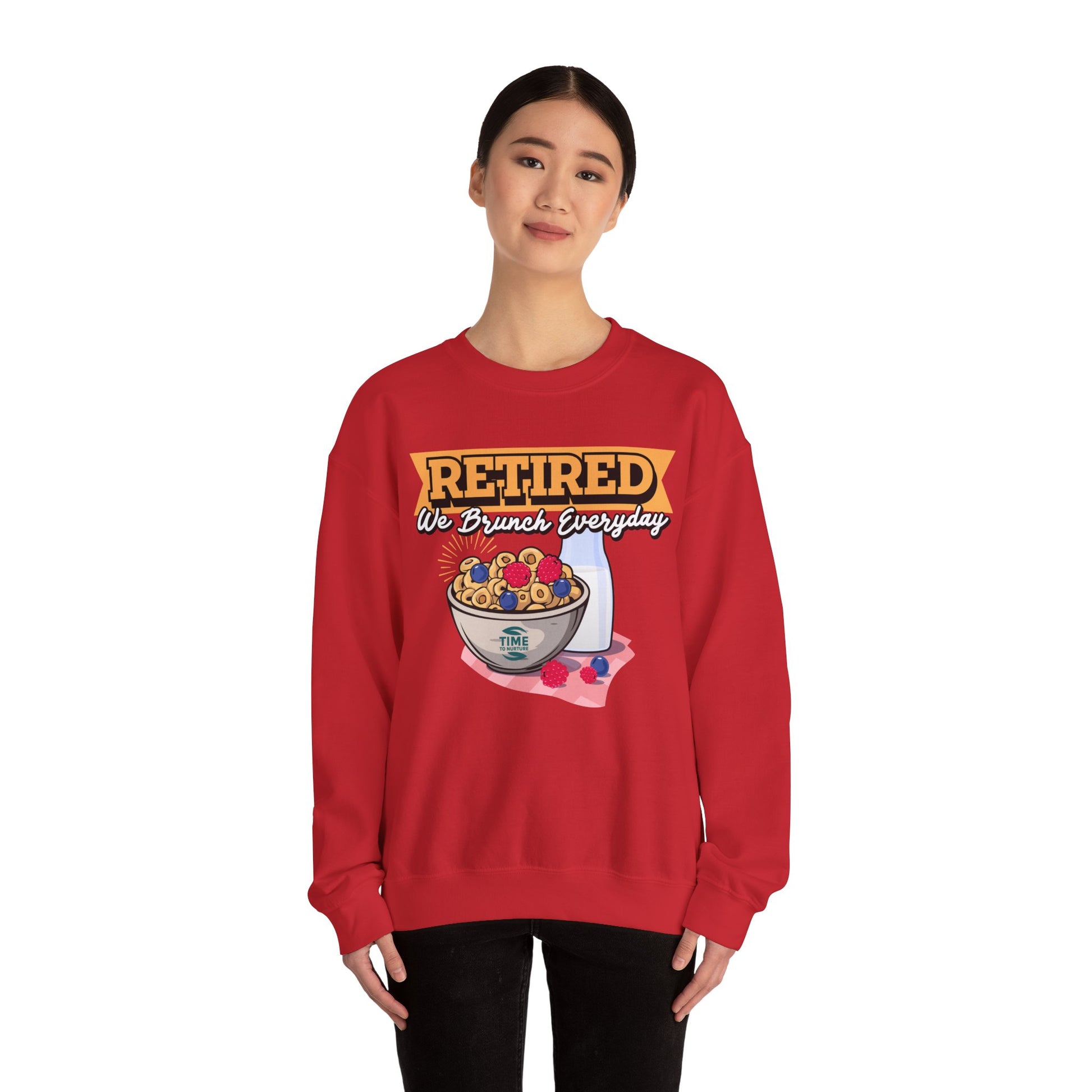 Retired: We Brunch Every Day unisex heavy blend crewneck sweatshirt, a comfortable and durable choice perfect for brunch lovers and relaxed retirement days.