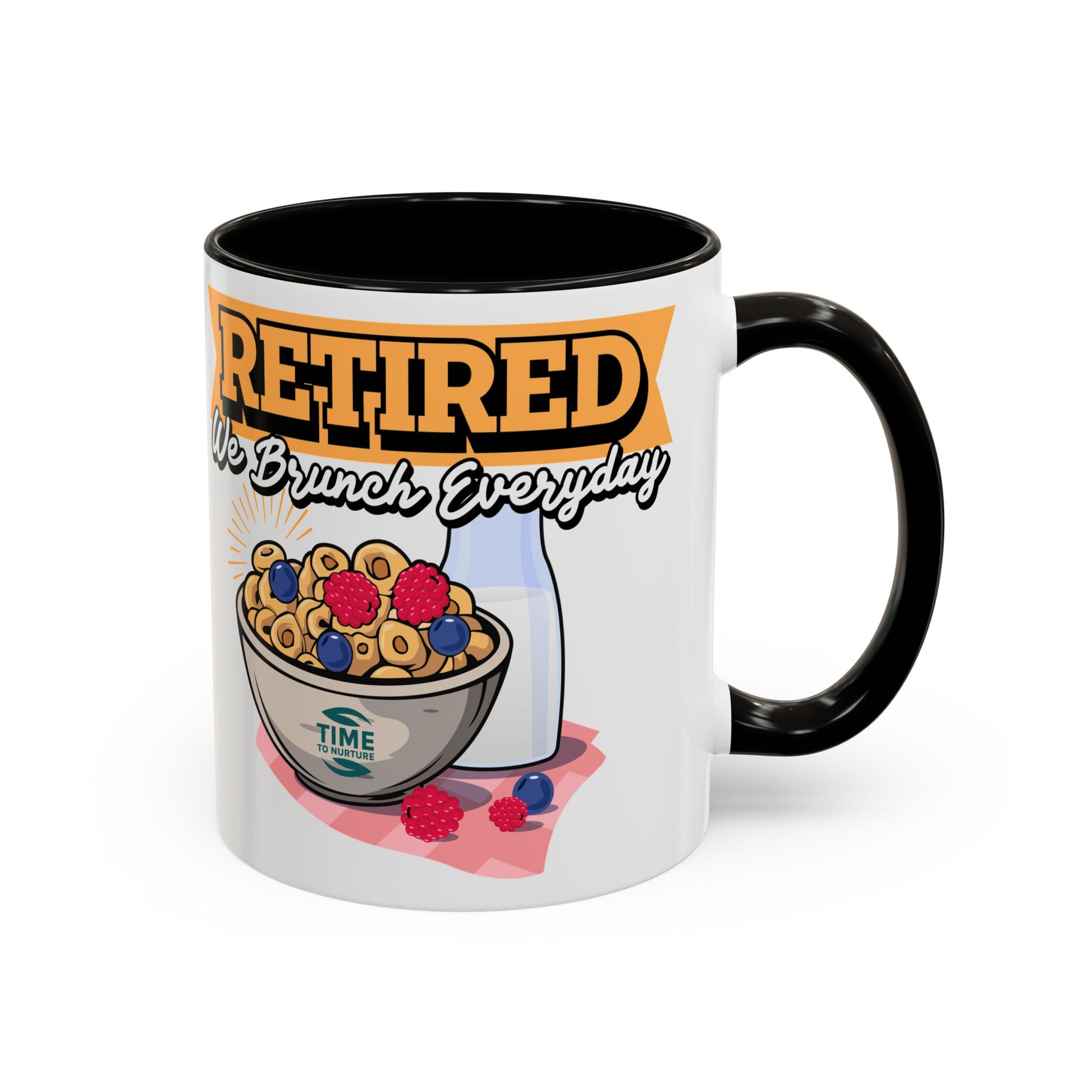"Retired We Brunch Everyday" colorful ceramic mugs in vibrant 11oz and 15oz sizes, ideal retirement gifts for brunch lovers, perfect for coffee, tea, or juice. Great for retirement gag gifts, coworker presents, or relaxing retirement favors.