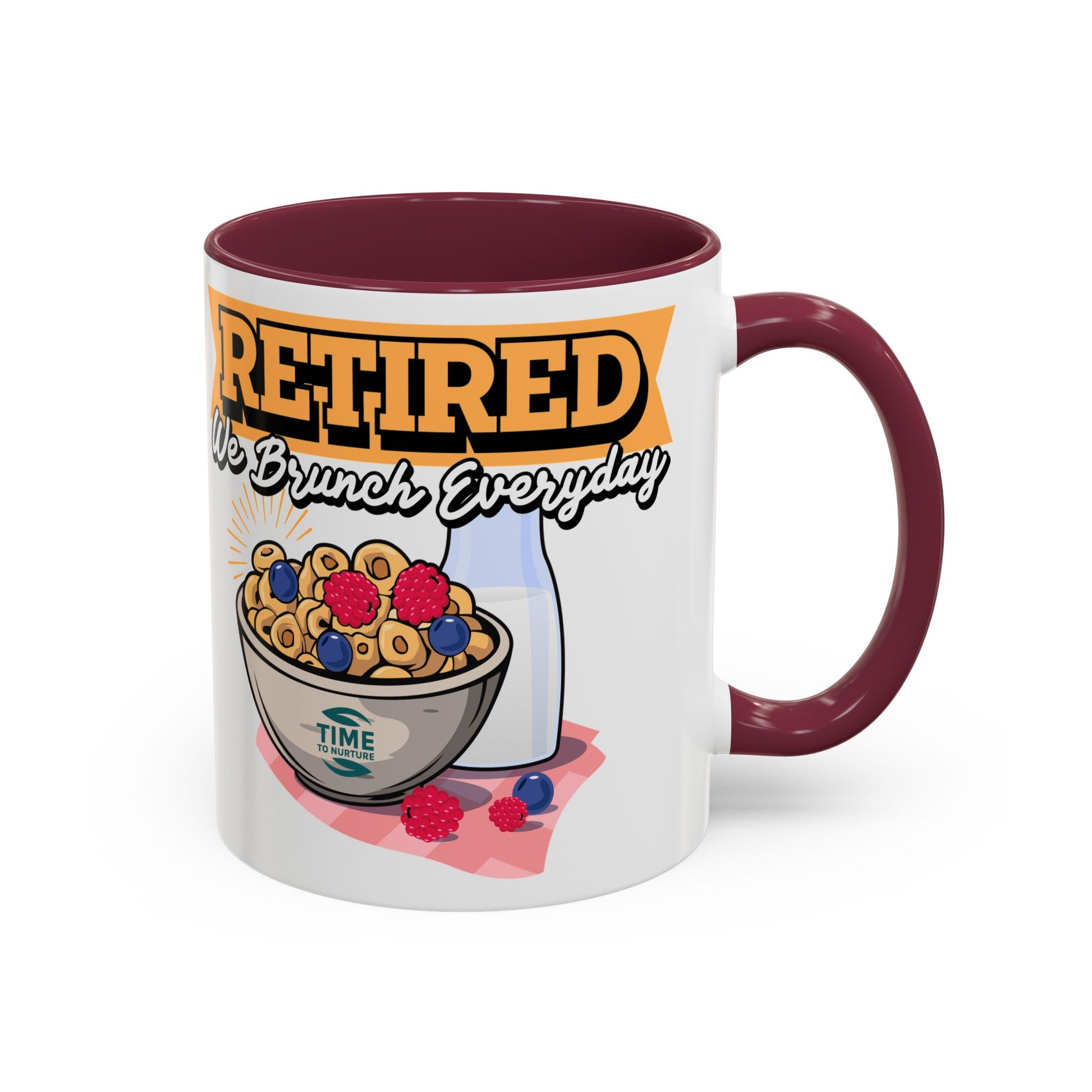 "Retired We Brunch Everyday" colorful ceramic mugs in vibrant 11oz and 15oz sizes, ideal retirement gifts for brunch lovers, perfect for coffee, tea, or juice. Great for retirement gag gifts, coworker presents, or relaxing retirement favors.