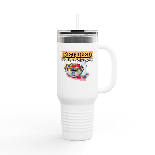 Retired We Brunch Everyday insulated travel mug, 40oz, featuring a fun retirement-themed design. Large coffee tumbler with a sturdy handle and lid, perfect for travel or daily use. Ideal gift for retirees and retirement parties.