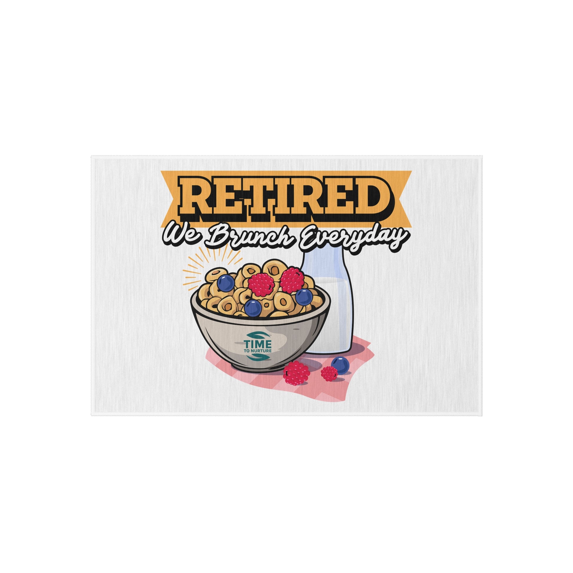 Retired We Brunch Everyday outdoor rug with a stylish and durable design, perfect for patios, BBQs, garden parties, summer gatherings, porches, and decks. A fun and functional retirement gift for brunch lovers.