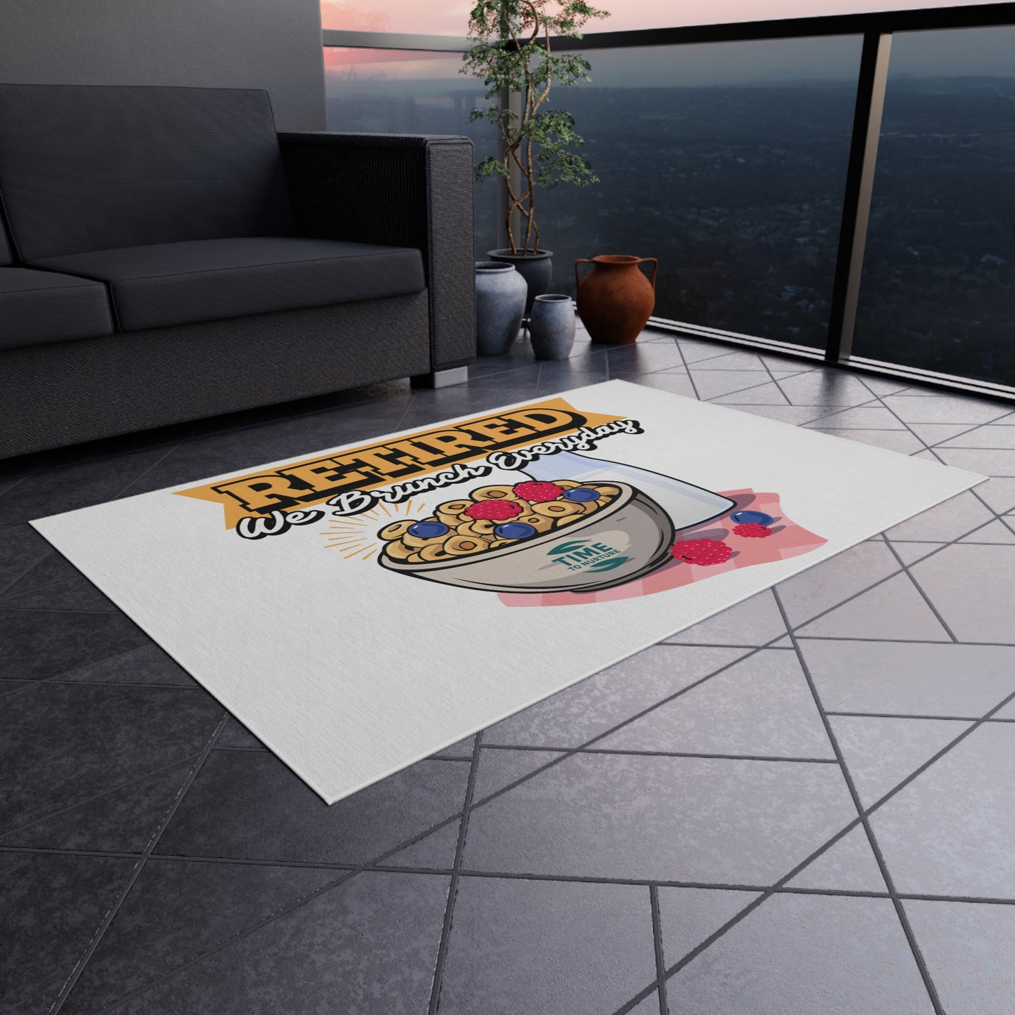 Retired We Brunch Everyday outdoor rug with a stylish and durable design, perfect for patios, BBQs, garden parties, summer gatherings, porches, and decks. A fun and functional retirement gift for brunch lovers.