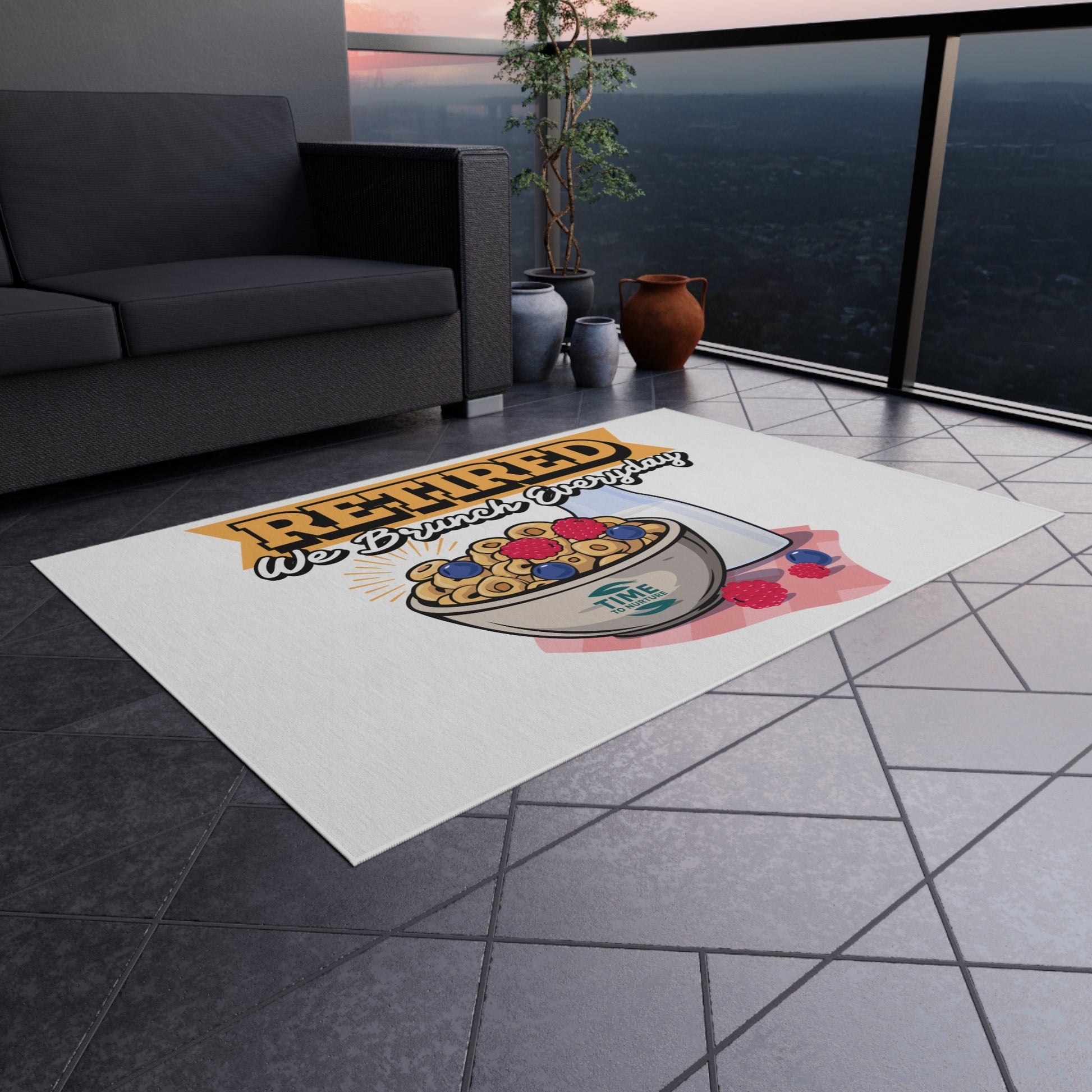 Retired We Brunch Everyday outdoor rug with a stylish and durable design, perfect for patios, BBQs, garden parties, summer gatherings, porches, and decks. A fun and functional retirement gift for brunch lovers.