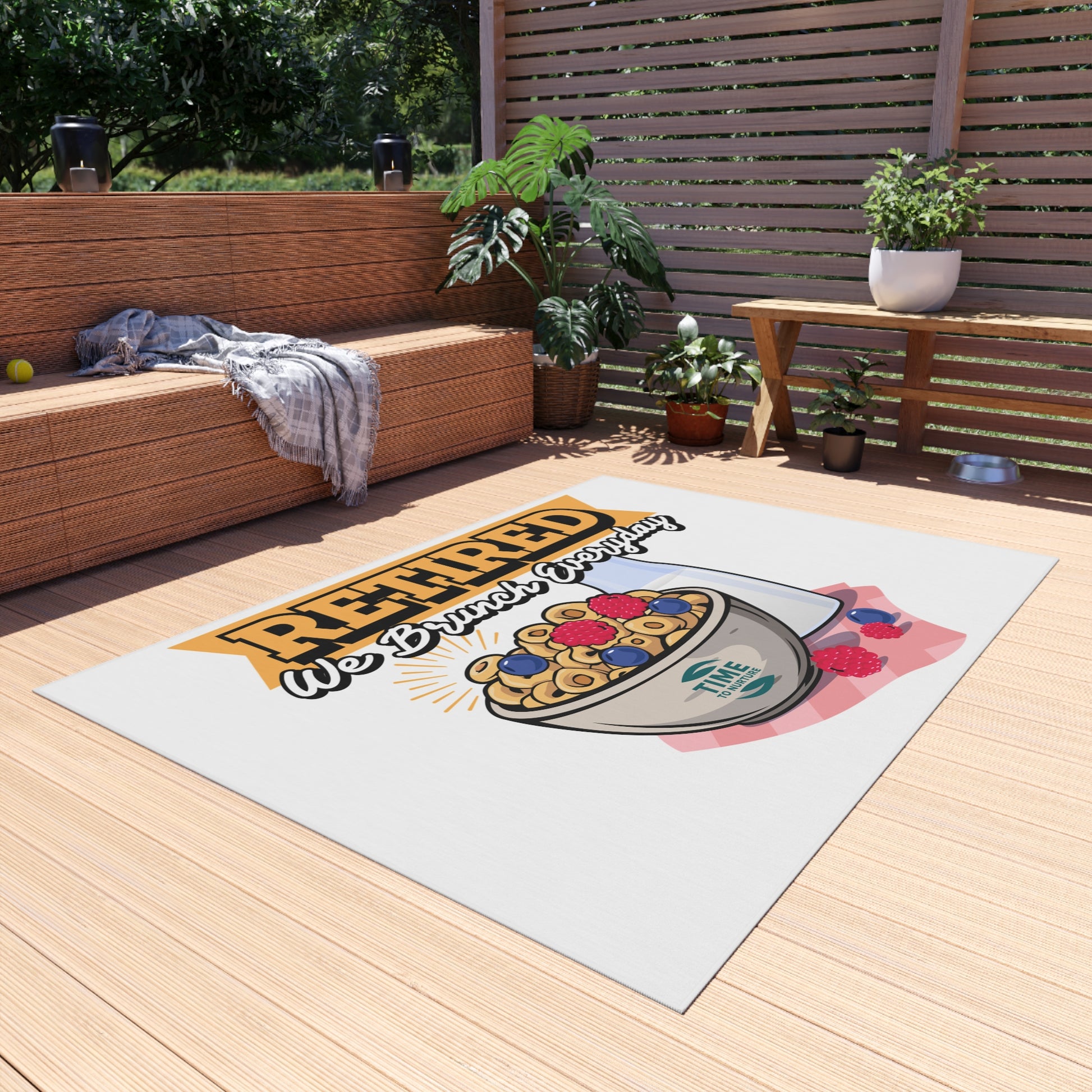 Retired We Brunch Everyday outdoor rug with a stylish and durable design, perfect for patios, BBQs, garden parties, summer gatherings, porches, and decks. A fun and functional retirement gift for brunch lovers.