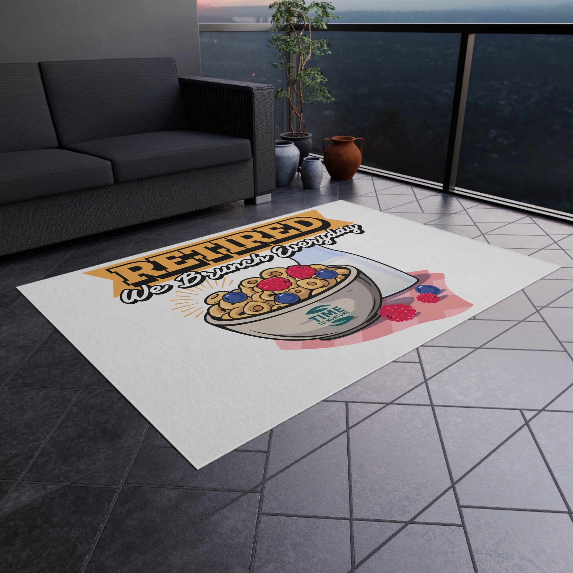 Retired We Brunch Everyday outdoor rug with a stylish and durable design, perfect for patios, BBQs, garden parties, summer gatherings, porches, and decks. A fun and functional retirement gift for brunch lovers.