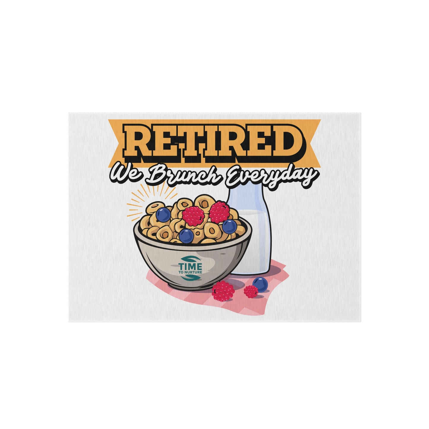 Retired We Brunch Everyday outdoor rug with a stylish and durable design, perfect for patios, BBQs, garden parties, summer gatherings, porches, and decks. A fun and functional retirement gift for brunch lovers.