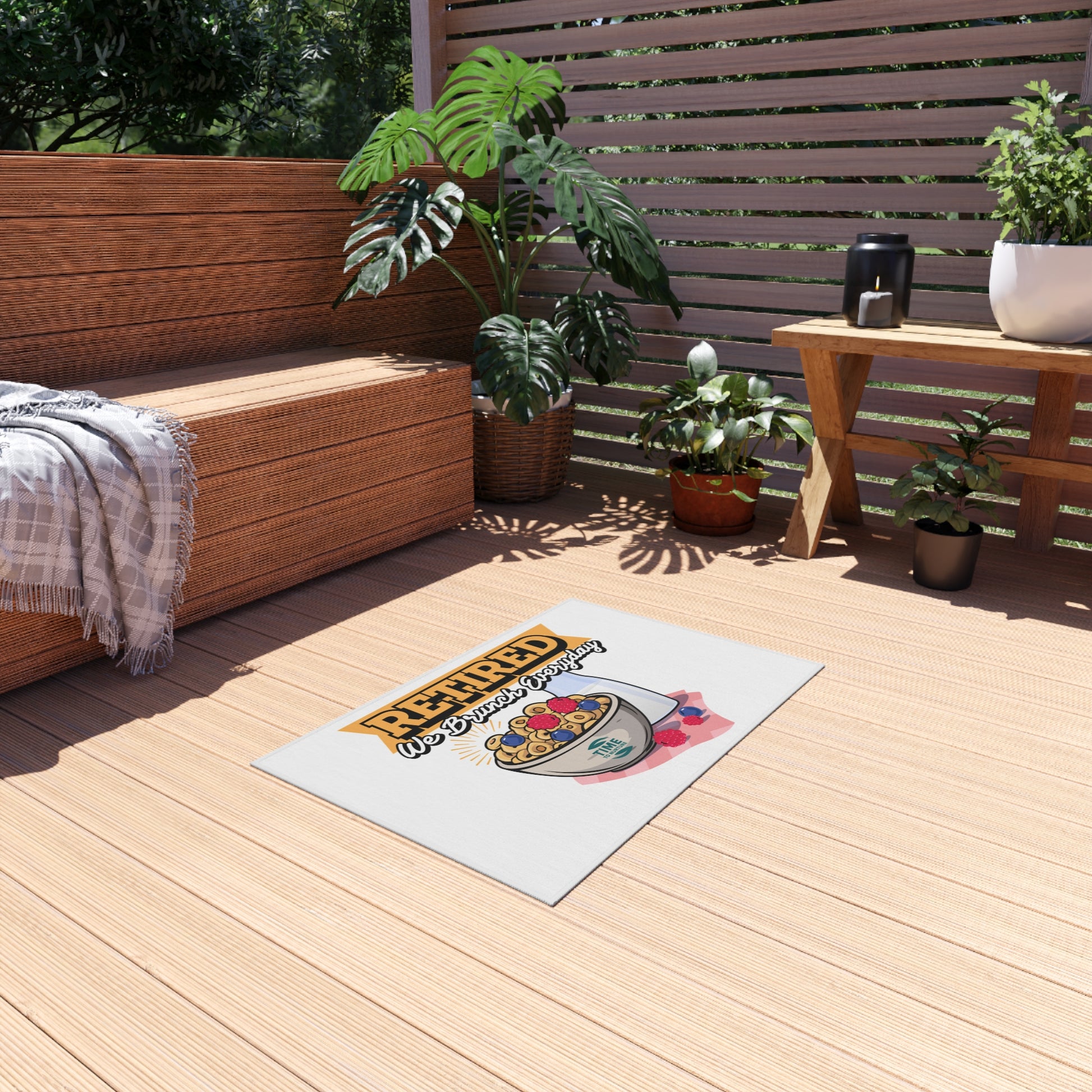 Retired We Brunch Everyday outdoor rug with a stylish and durable design, perfect for patios, BBQs, garden parties, summer gatherings, porches, and decks. A fun and functional retirement gift for brunch lovers.