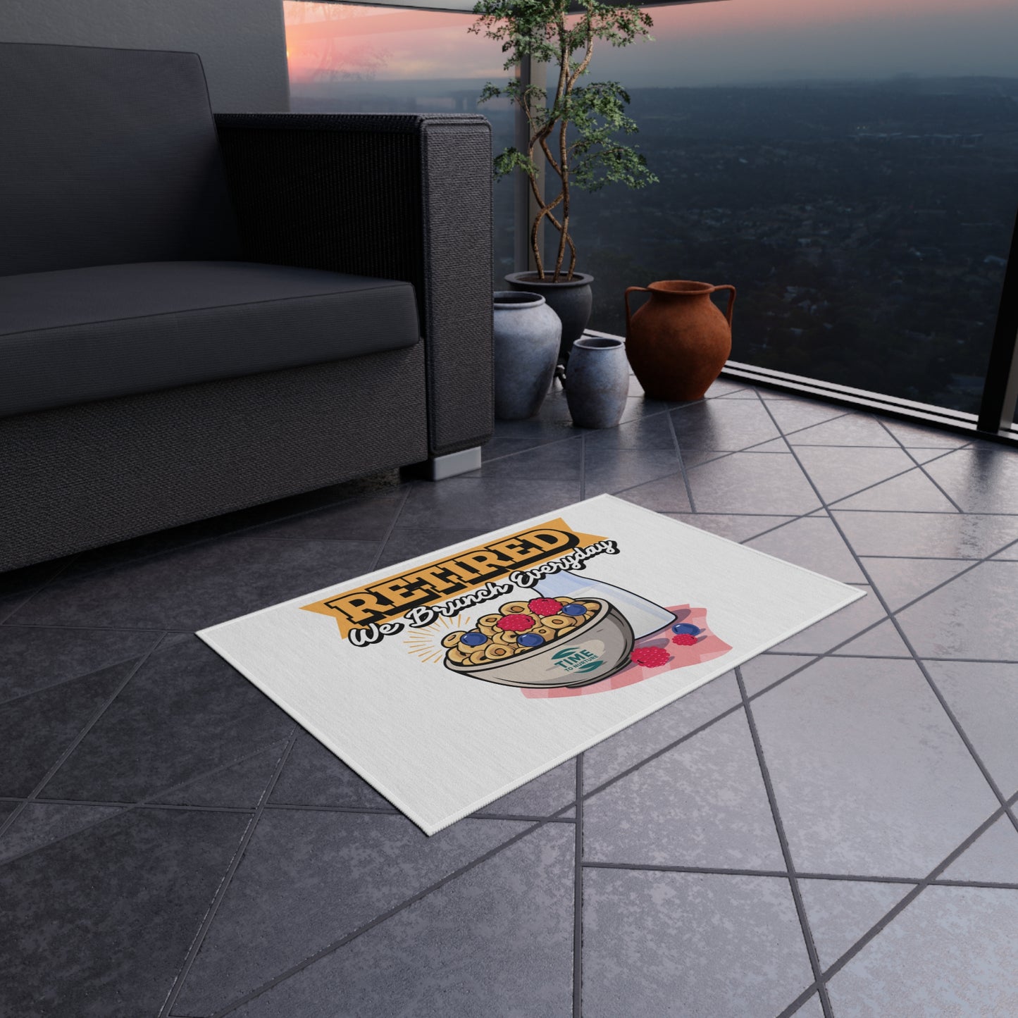 Retired We Brunch Everyday outdoor rug with a stylish and durable design, perfect for patios, BBQs, garden parties, summer gatherings, porches, and decks. A fun and functional retirement gift for brunch lovers.
