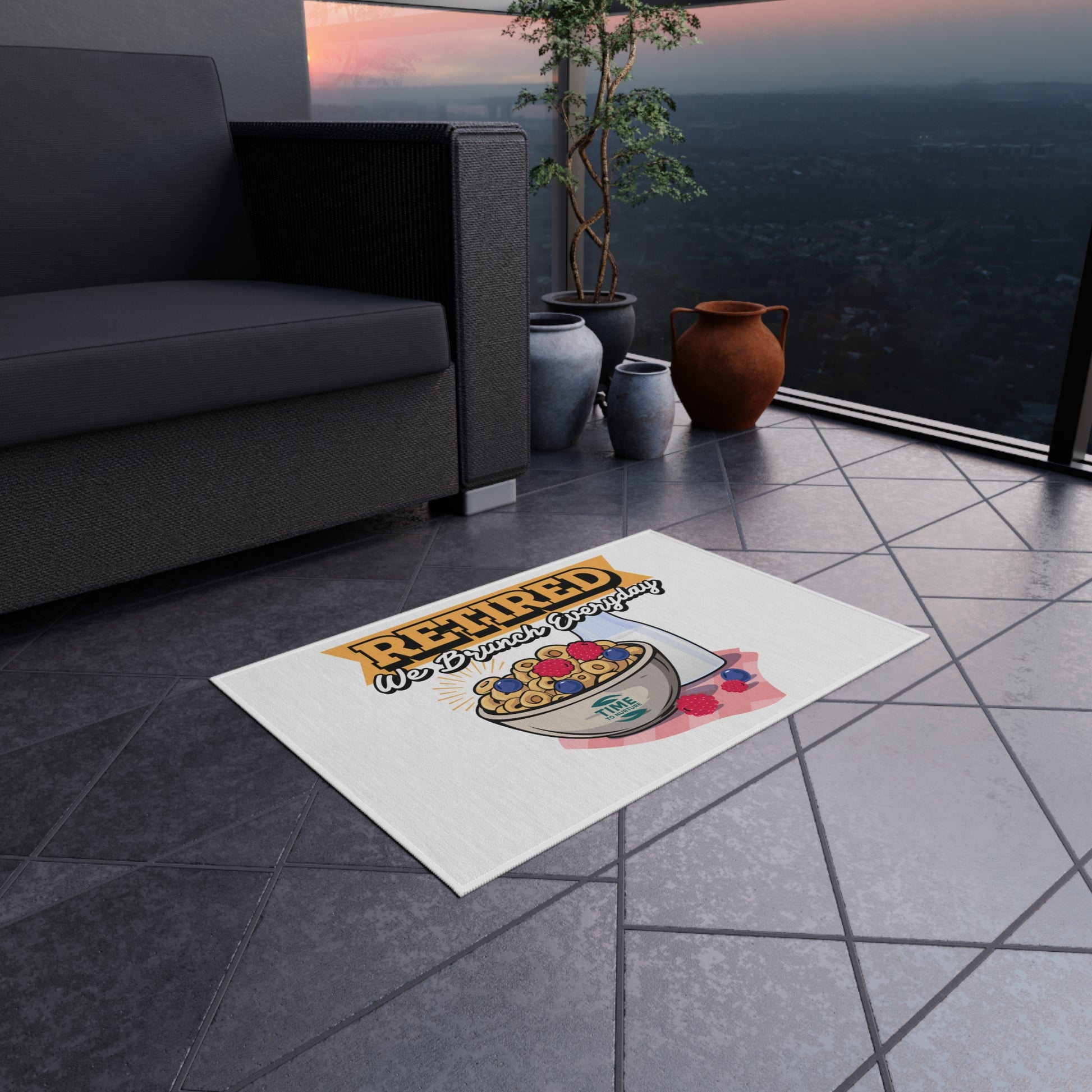 Retired We Brunch Everyday outdoor rug with a stylish and durable design, perfect for patios, BBQs, garden parties, summer gatherings, porches, and decks. A fun and functional retirement gift for brunch lovers.