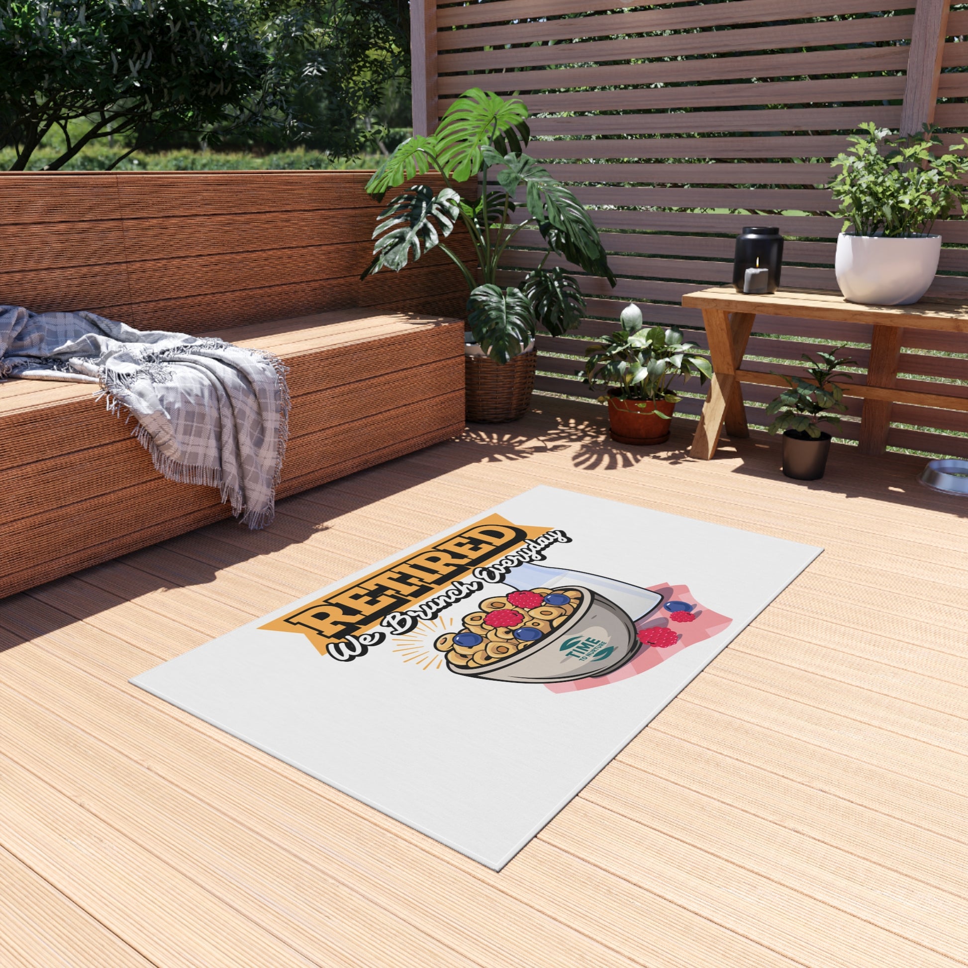 Retired We Brunch Everyday outdoor rug with a stylish and durable design, perfect for patios, BBQs, garden parties, summer gatherings, porches, and decks. A fun and functional retirement gift for brunch lovers.