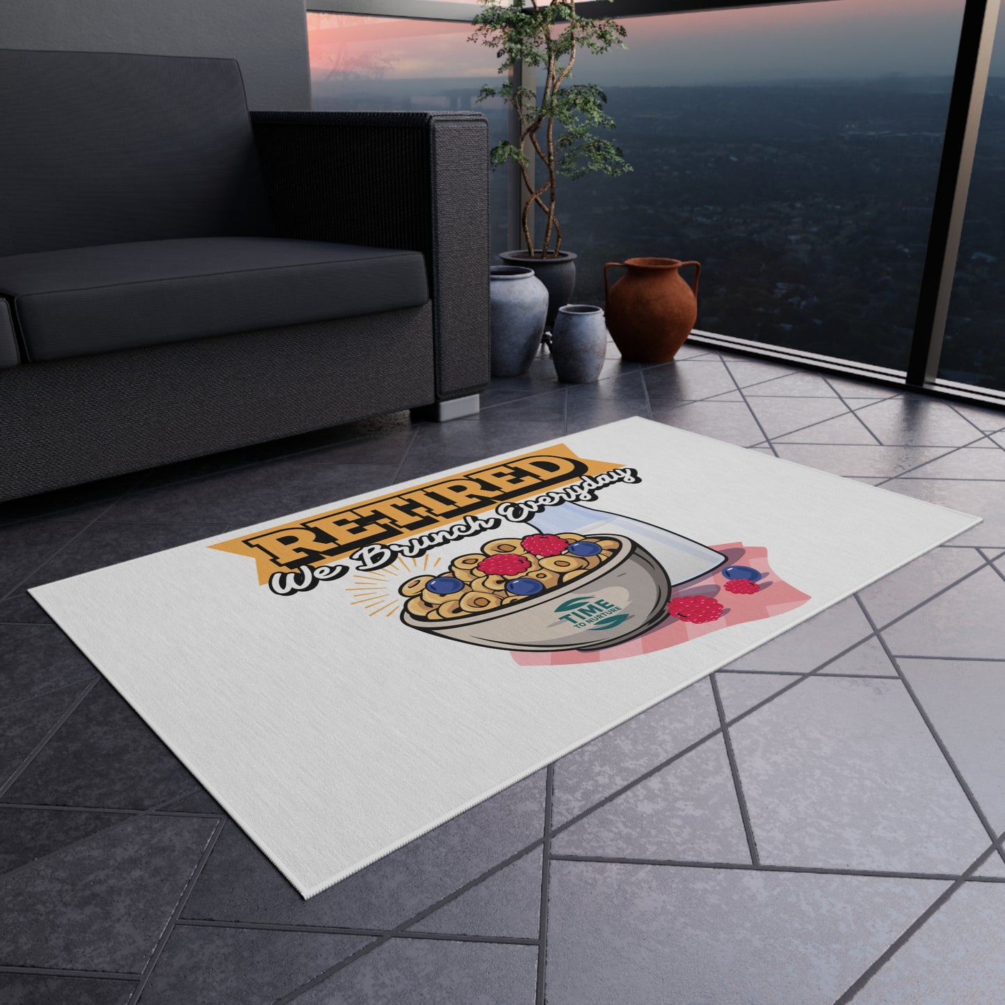 Retired We Brunch Everyday outdoor rug with a stylish and durable design, perfect for patios, BBQs, garden parties, summer gatherings, porches, and decks. A fun and functional retirement gift for brunch lovers.