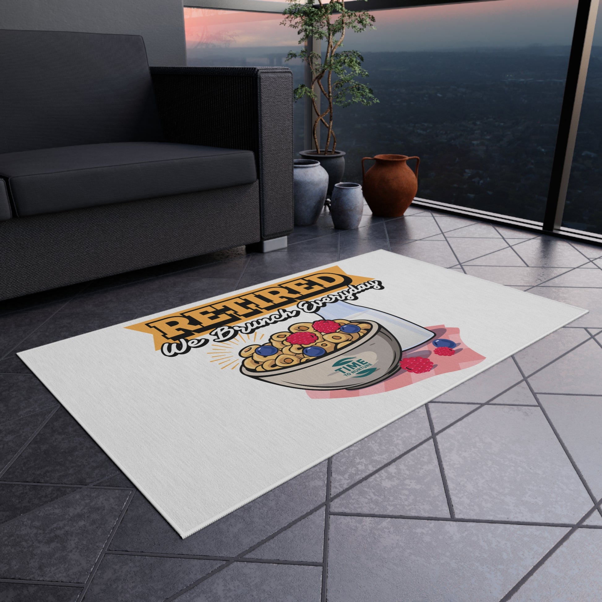 Retired We Brunch Everyday outdoor rug with a stylish and durable design, perfect for patios, BBQs, garden parties, summer gatherings, porches, and decks. A fun and functional retirement gift for brunch lovers.