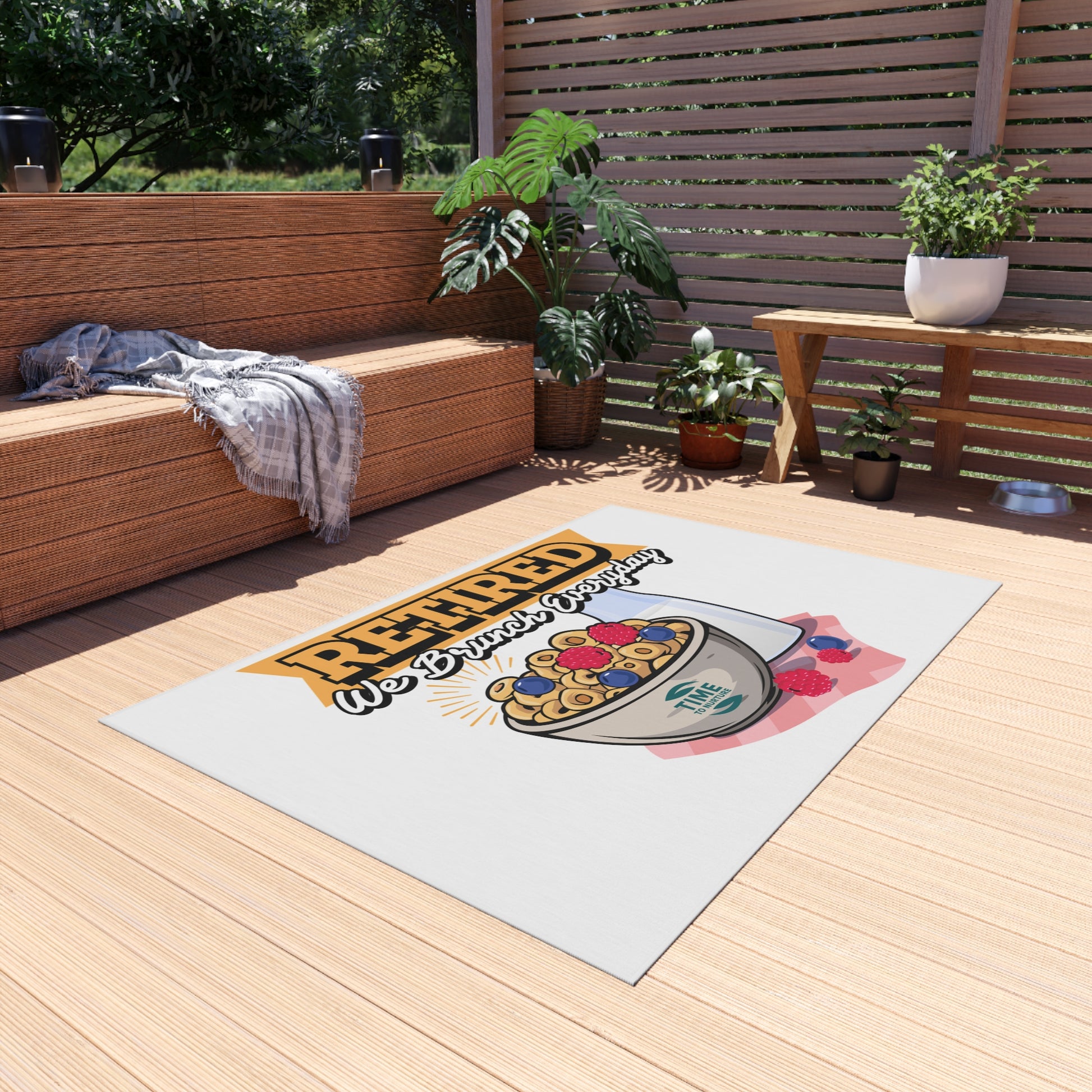 Retired We Brunch Everyday outdoor rug with a stylish and durable design, perfect for patios, BBQs, garden parties, summer gatherings, porches, and decks. A fun and functional retirement gift for brunch lovers.