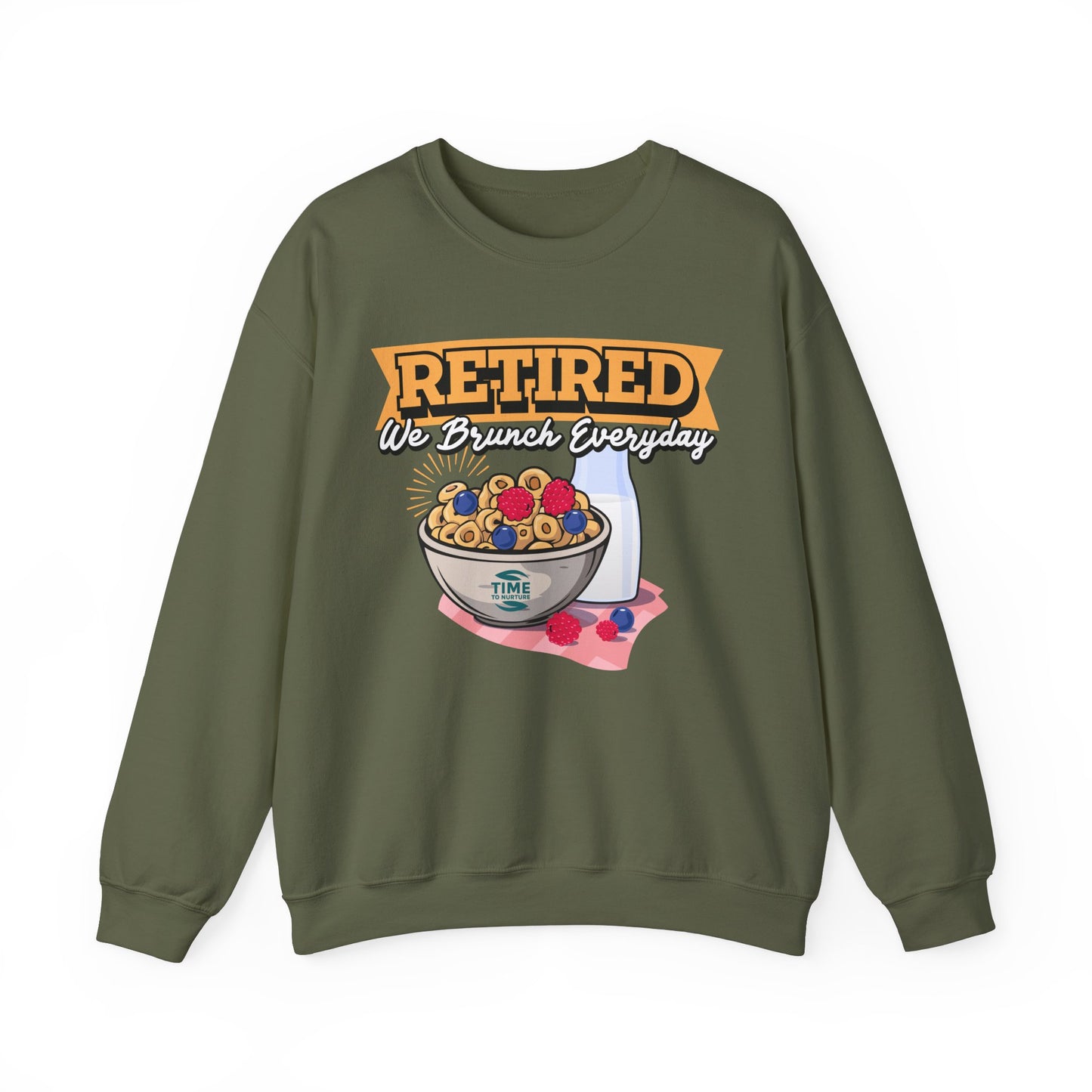 Retired We Brunch Everyday unisex heavy blend crewneck sweatshirt, cozy and stylish, perfect retirement gift for brunch lovers and relaxed weekends