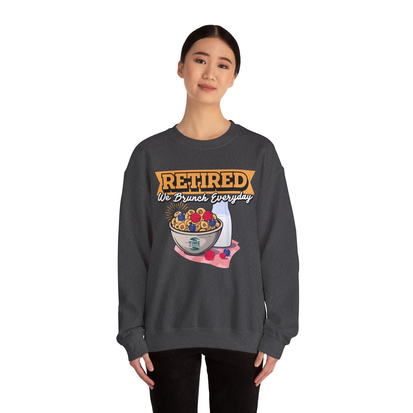 Retired We Brunch Everyday unisex heavy blend crewneck sweatshirt, cozy and stylish, perfect retirement gift for brunch lovers and relaxed weekends