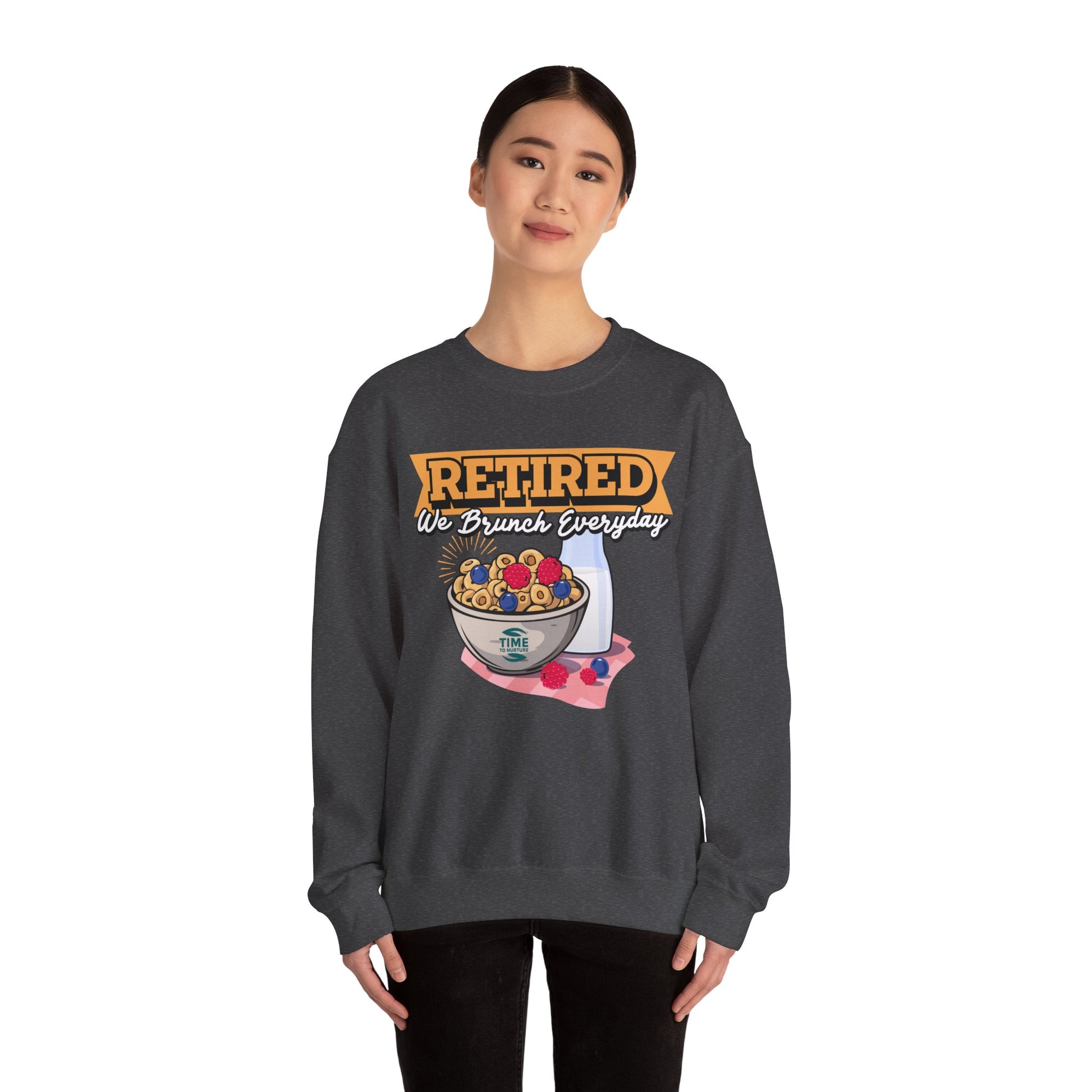 Retired We Brunch Everyday unisex heavy blend crewneck sweatshirt, cozy and stylish, perfect retirement gift for brunch lovers and relaxed weekends