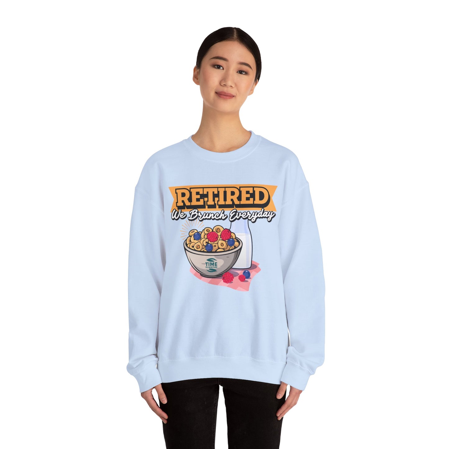 Retired We Brunch Everyday unisex heavy blend crewneck sweatshirt, cozy and stylish, perfect retirement gift for brunch lovers and relaxed weekends