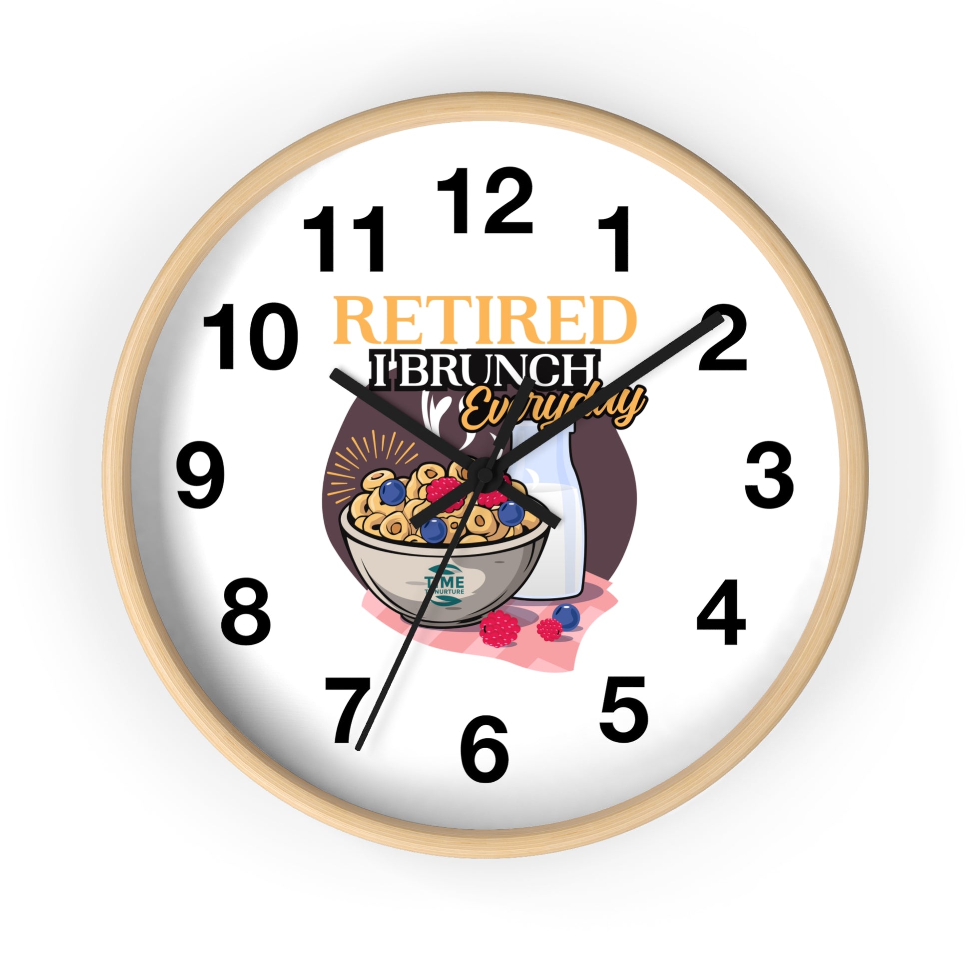 Retirement Brunch wall clock with a fun, unique design, perfect for kitchen decor, a stylish home accent, and a great gift for retirees who love brunch