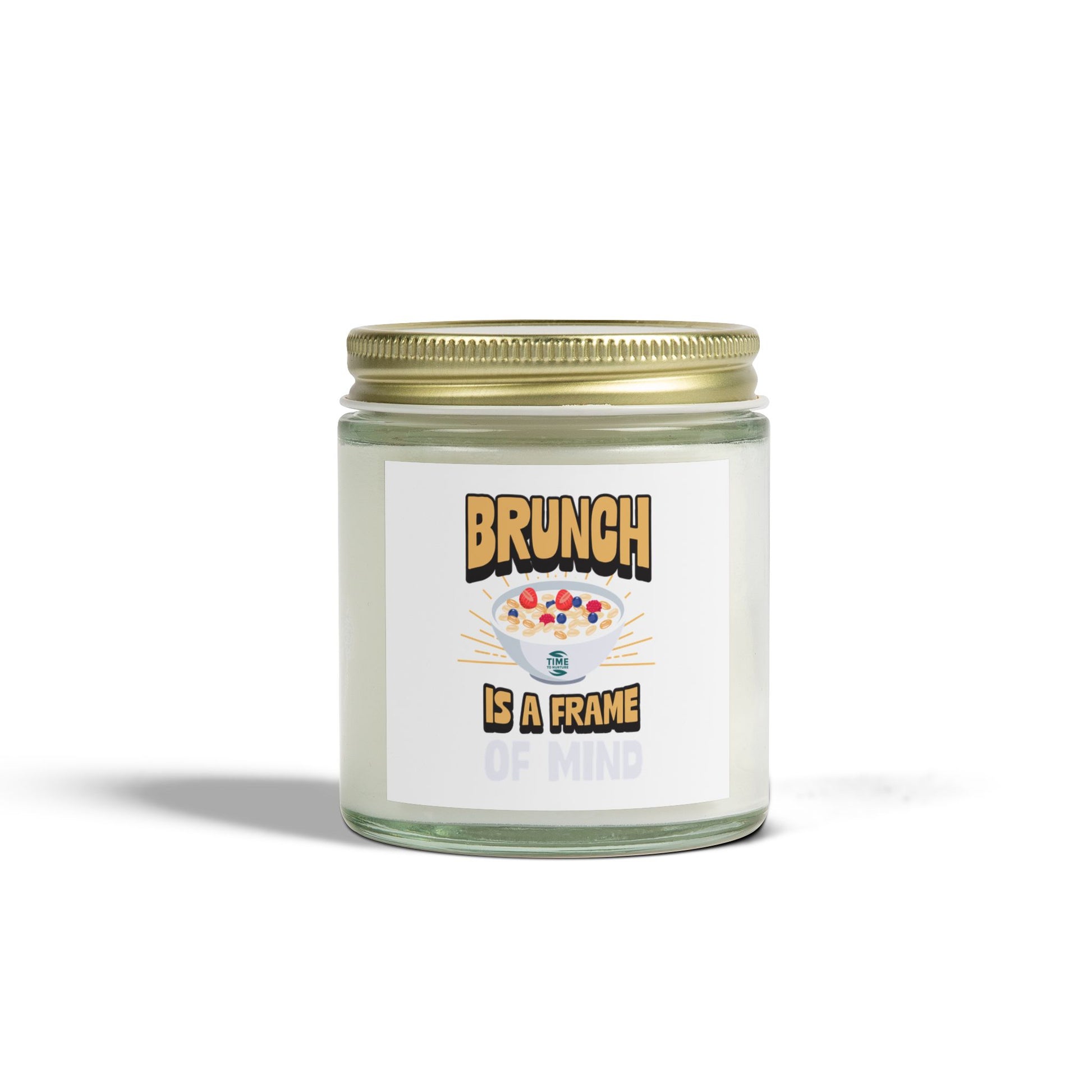 Scented candles made with coconut apricot wax, featuring the phrase brunch is a frame of mind. Available in 4oz and 9oz sizes, perfect as a retirement gift or for brunch enthusiasts.