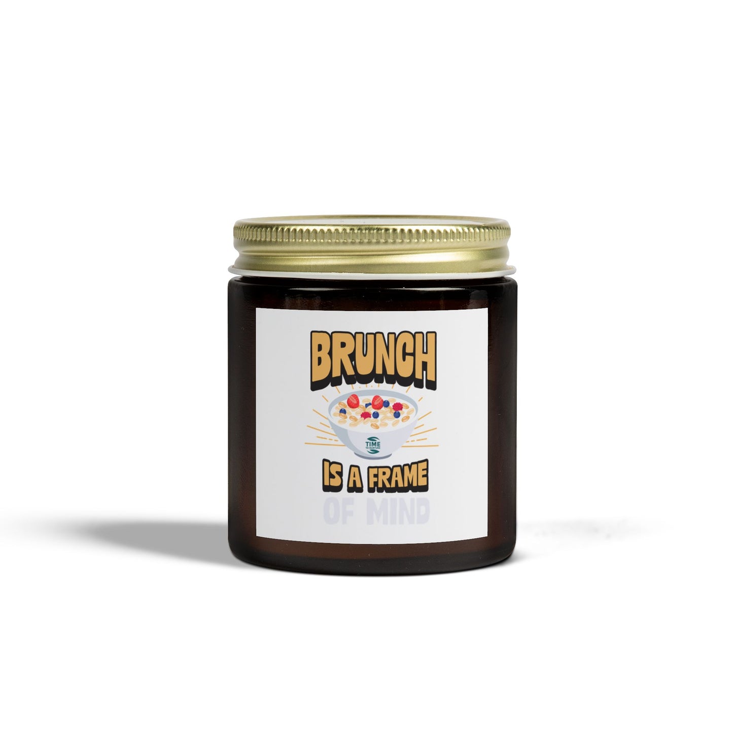 Scented candles made with coconut apricot wax, featuring the phrase brunch is a frame of mind. Available in 4oz and 9oz sizes, perfect as a retirement gift or for brunch enthusiasts.
