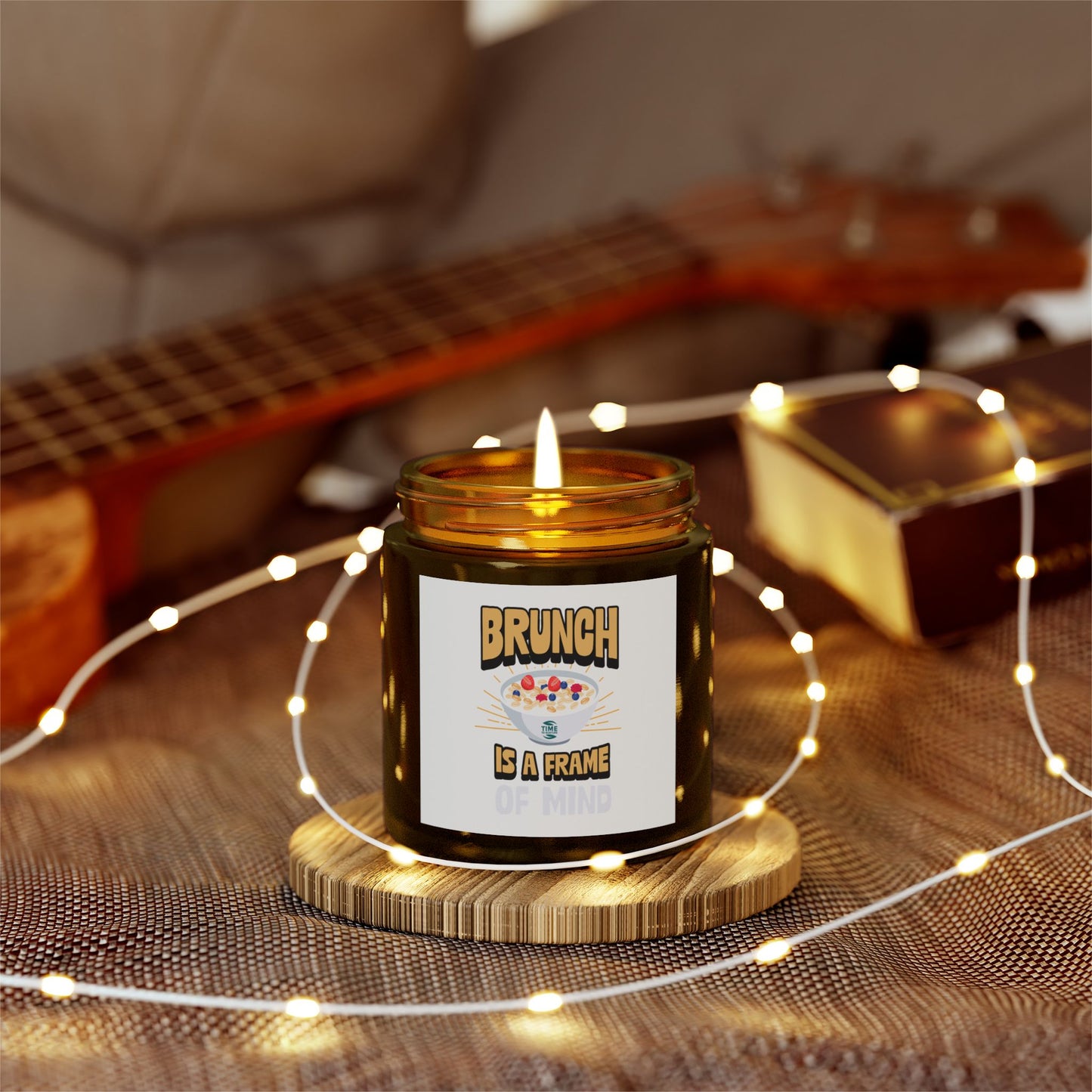 Scented candles made with coconut apricot wax, featuring the phrase brunch is a frame of mind. Available in 4oz and 9oz sizes, perfect as a retirement gift or for brunch enthusiasts.