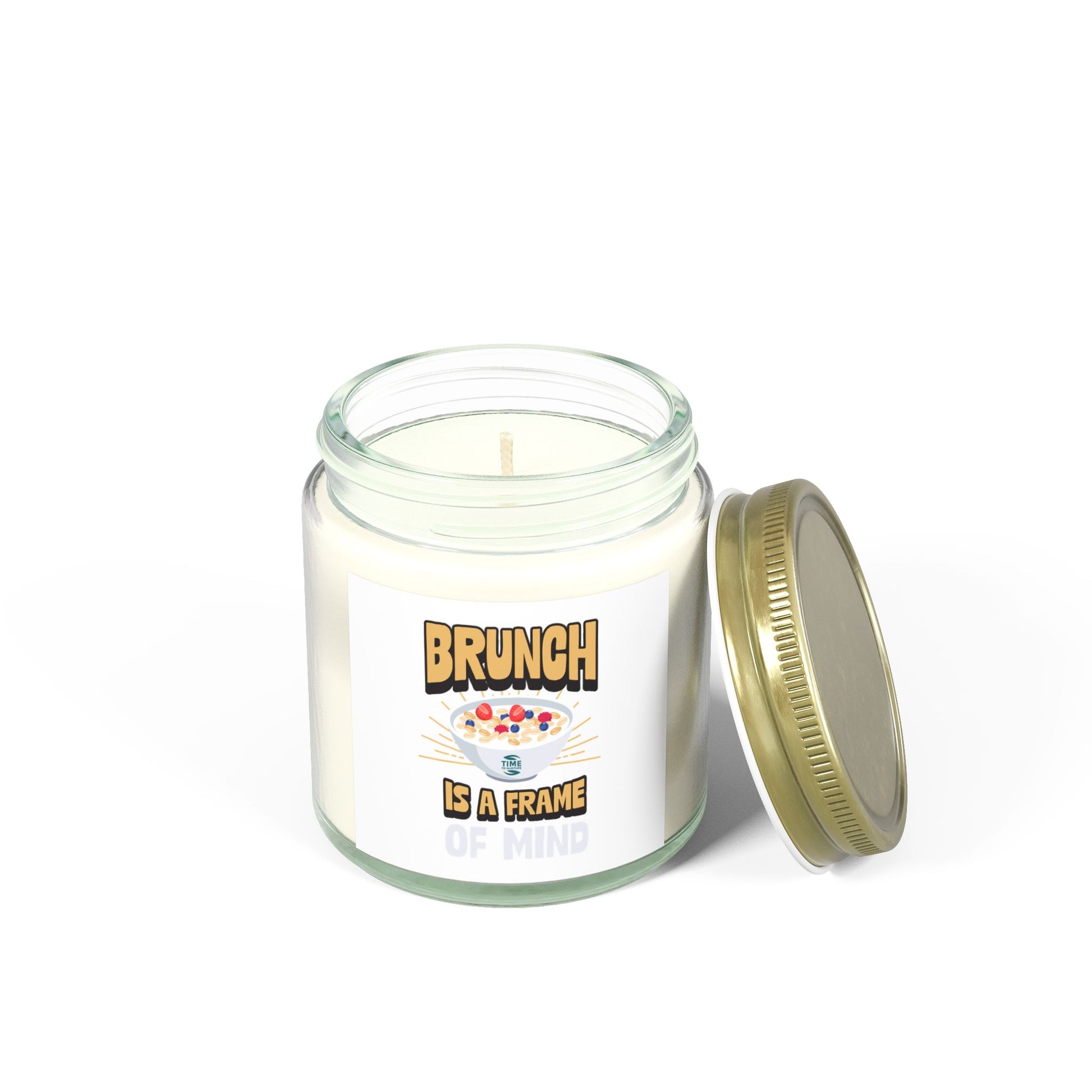 Scented candles made with coconut apricot wax, featuring the phrase brunch is a frame of mind. Available in 4oz and 9oz sizes, perfect as a retirement gift or for brunch enthusiasts.