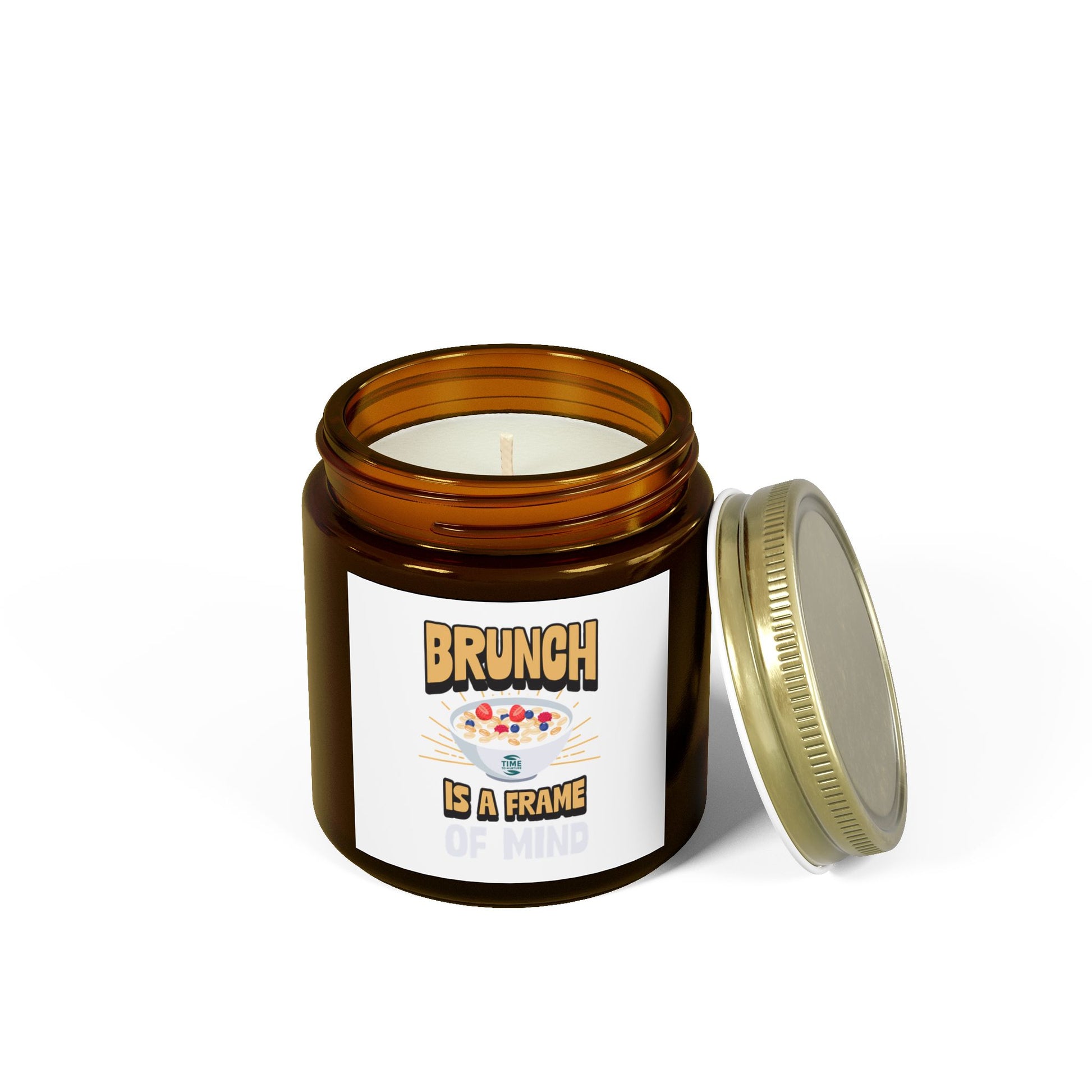Scented candles made with coconut apricot wax, featuring the phrase brunch is a frame of mind. Available in 4oz and 9oz sizes, perfect as a retirement gift or for brunch enthusiasts.