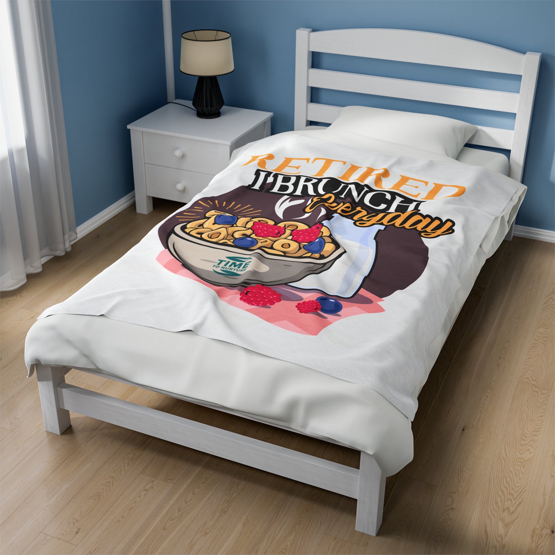 Soft velveteen plush blanket with the phrase "Retired I Brunch Everyday" printed on it. Cozy and stylish, perfect for relaxing at home, adding warmth to any space, or gifting to retirees who love brunch and comfort.