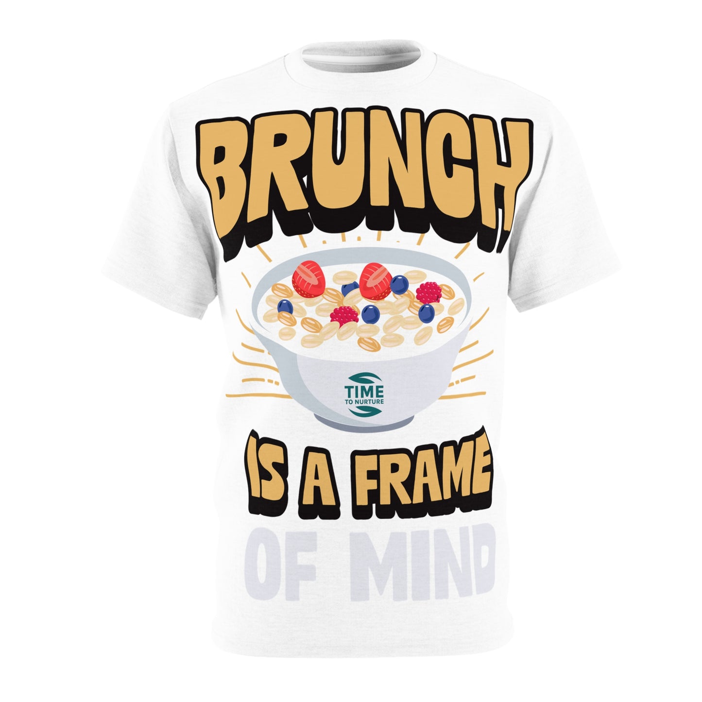 Unisex all-over print tee featuring Brunch Frame of Mind, designed for brunch lovers and casual style enthusiasts, offering comfort for laid-back weekends, special occasions, or as a perfect retirement or foodie gift.