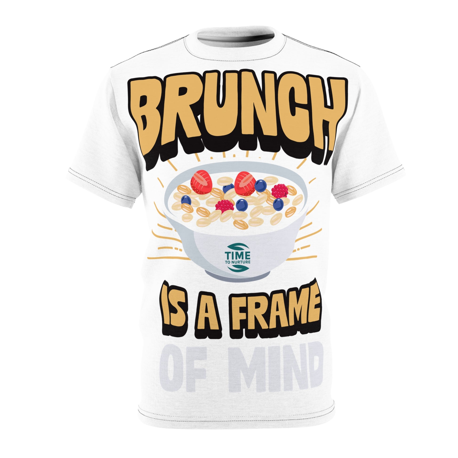 Unisex all-over print tee featuring Brunch Frame of Mind, designed for brunch lovers and casual style enthusiasts, offering comfort for laid-back weekends, special occasions, or as a perfect retirement or foodie gift.