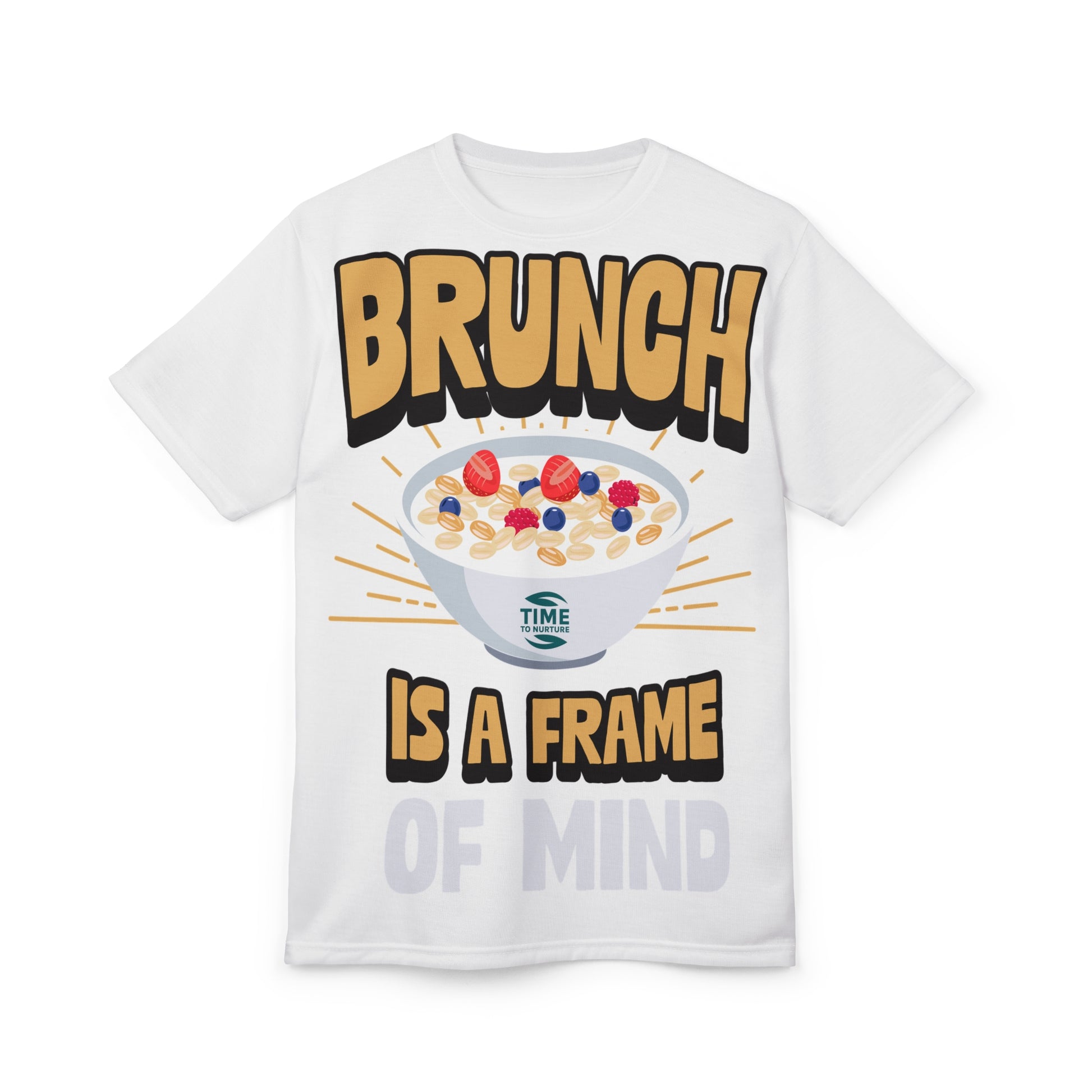 Unisex all-over print tee featuring Brunch Frame of Mind, designed for brunch lovers and casual style enthusiasts, offering comfort for laid-back weekends, special occasions, or as a perfect retirement or foodie gift.