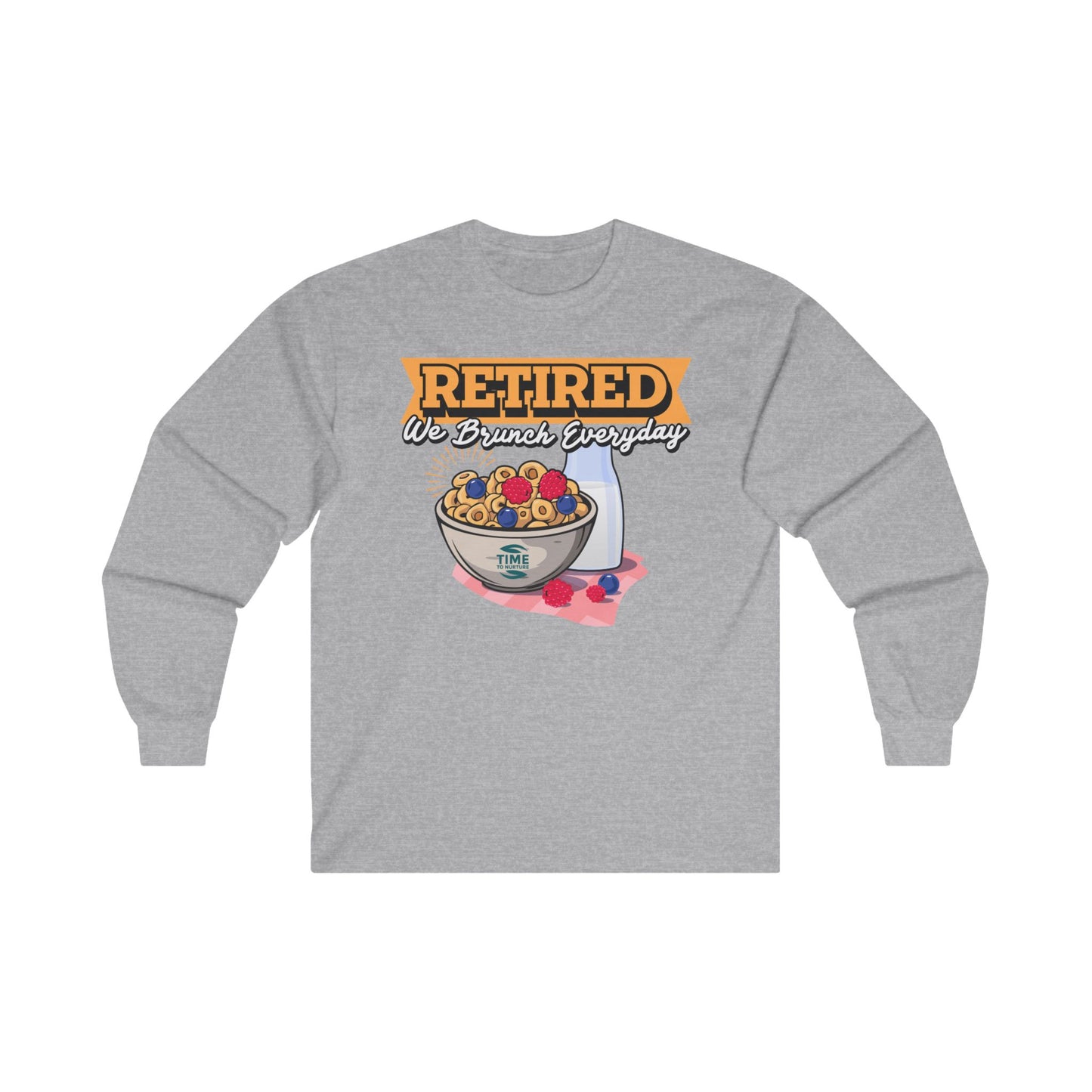Unisex cotton graphic long sleeve tee featuring the phrase "Retired We Brunch Everyday." Perfect for capturing weekend brunch vibes, Sunday funday, and celebrating retired life with comfort and style.