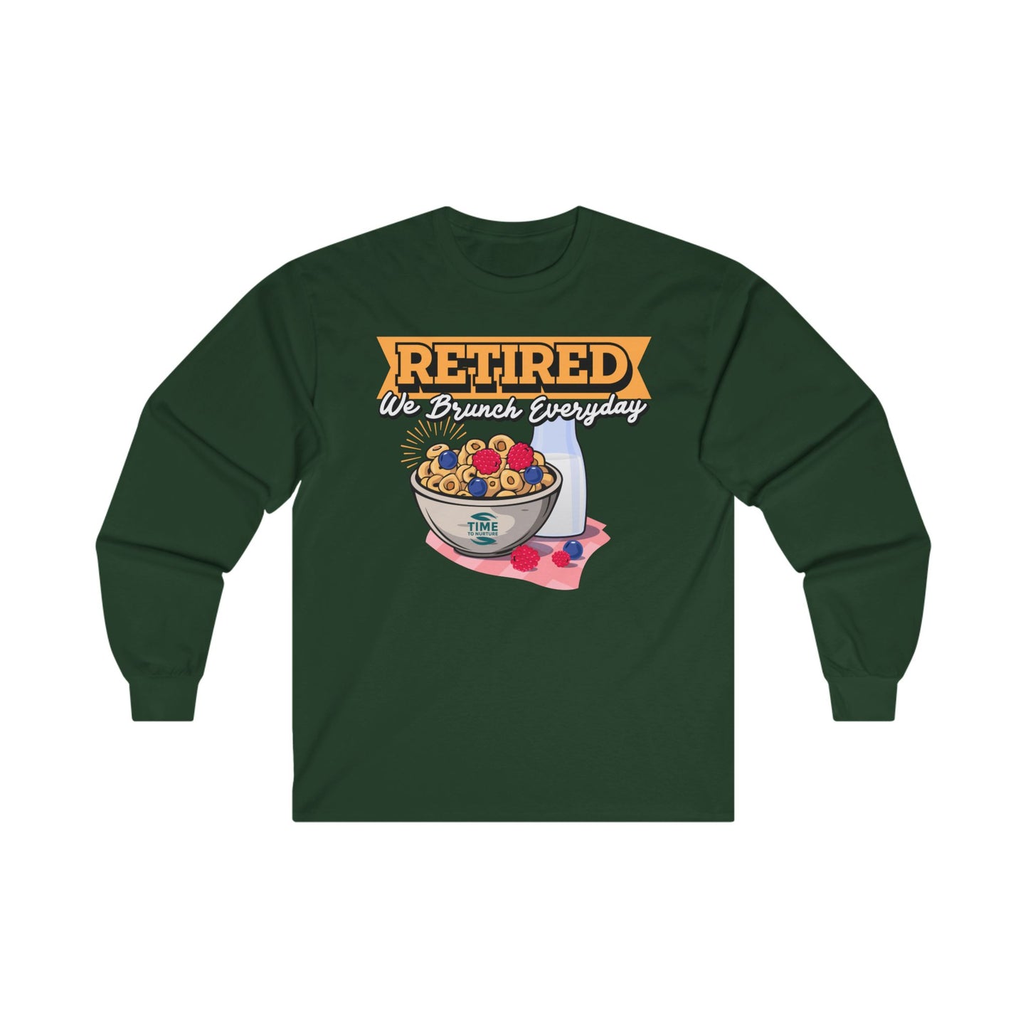 Unisex cotton graphic long sleeve tee featuring the phrase "Retired We Brunch Everyday." Perfect for capturing weekend brunch vibes, Sunday funday, and celebrating retired life with comfort and style.