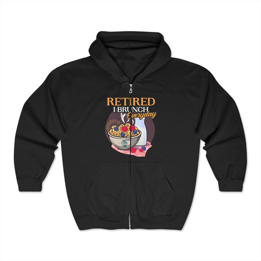 Unisex full zip hooded sweatshirt featuring "Retired I Brunch Everyday" text, perfect for lounge wear. A cozy and stylish gift for brunch lovers and retirees, ideal for relaxation and casual outings.







