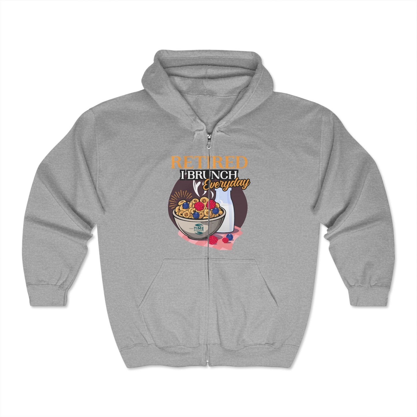 Unisex full zip hooded sweatshirt featuring "Retired I Brunch Everyday" text, perfect for lounge wear. A cozy and stylish gift for brunch lovers and retirees, ideal for relaxation and casual outings.







