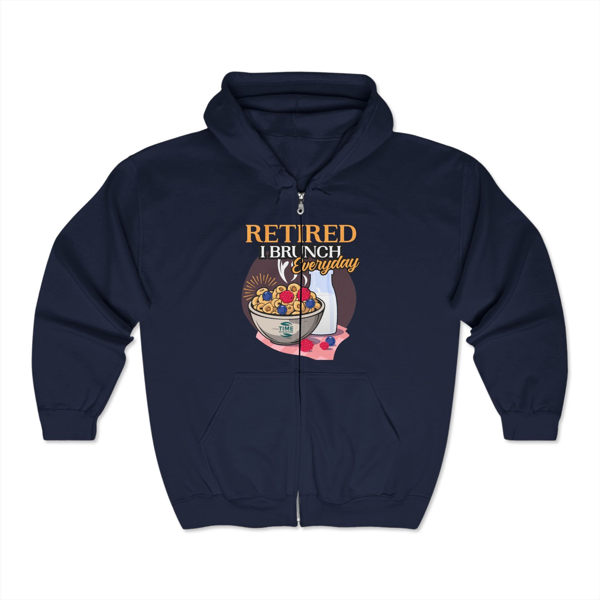 Unisex_full_zip_hooded_sweatshirt_featuring_Retired_I_Brunch_Everyday_text_perfect_for_lounge_wear._A_cozy_and_stylish_gift_for_brunch_lovers_and_retirees_ideal_for_relaxation_and_casual_outings.