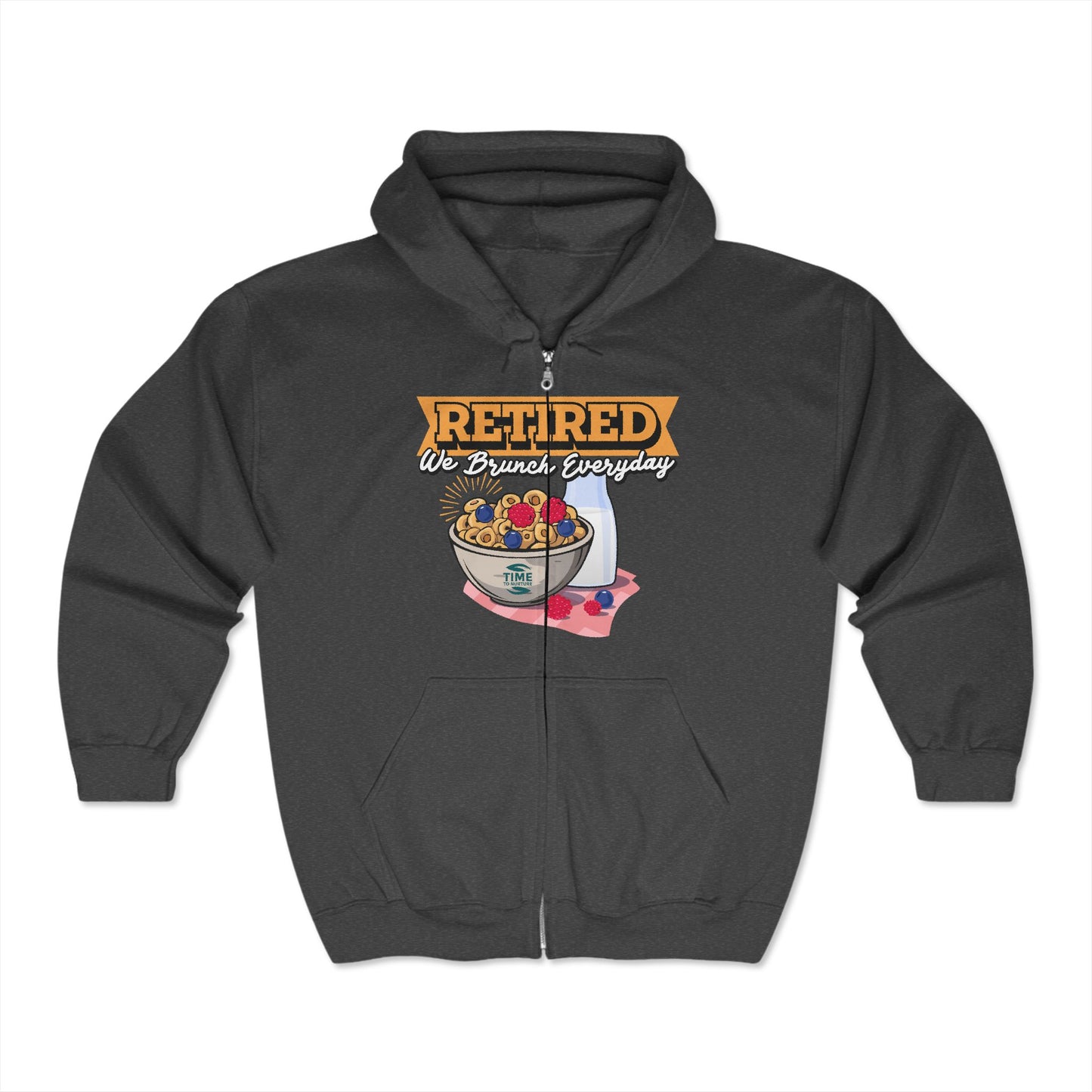 Unisex full zip hooded sweatshirt with Brunch Retirement design featuring a cozy fit perfect for retirees who love brunch every day 555