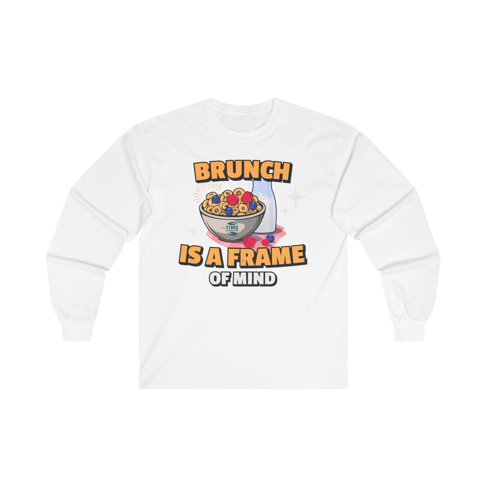 Unisex long sleeve tee with 'Brunch Frame of Mind' design, made from soft cotton. Perfect for brunch lovers and weekend or Sunday brunch attire.