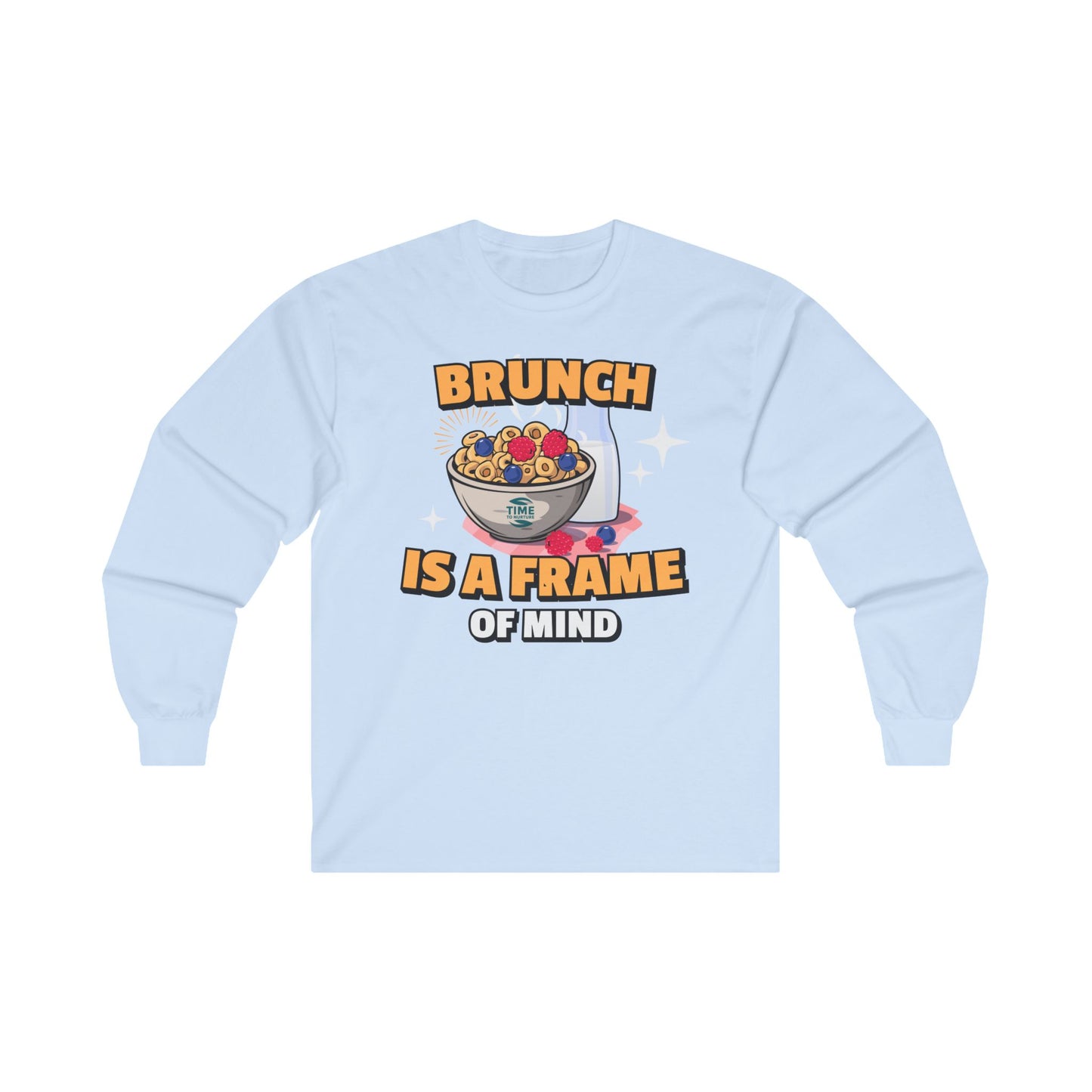 Unisex long sleeve tee with 'Brunch Frame of Mind' design, made from soft cotton. Perfect for brunch lovers and weekend or Sunday brunch attire.